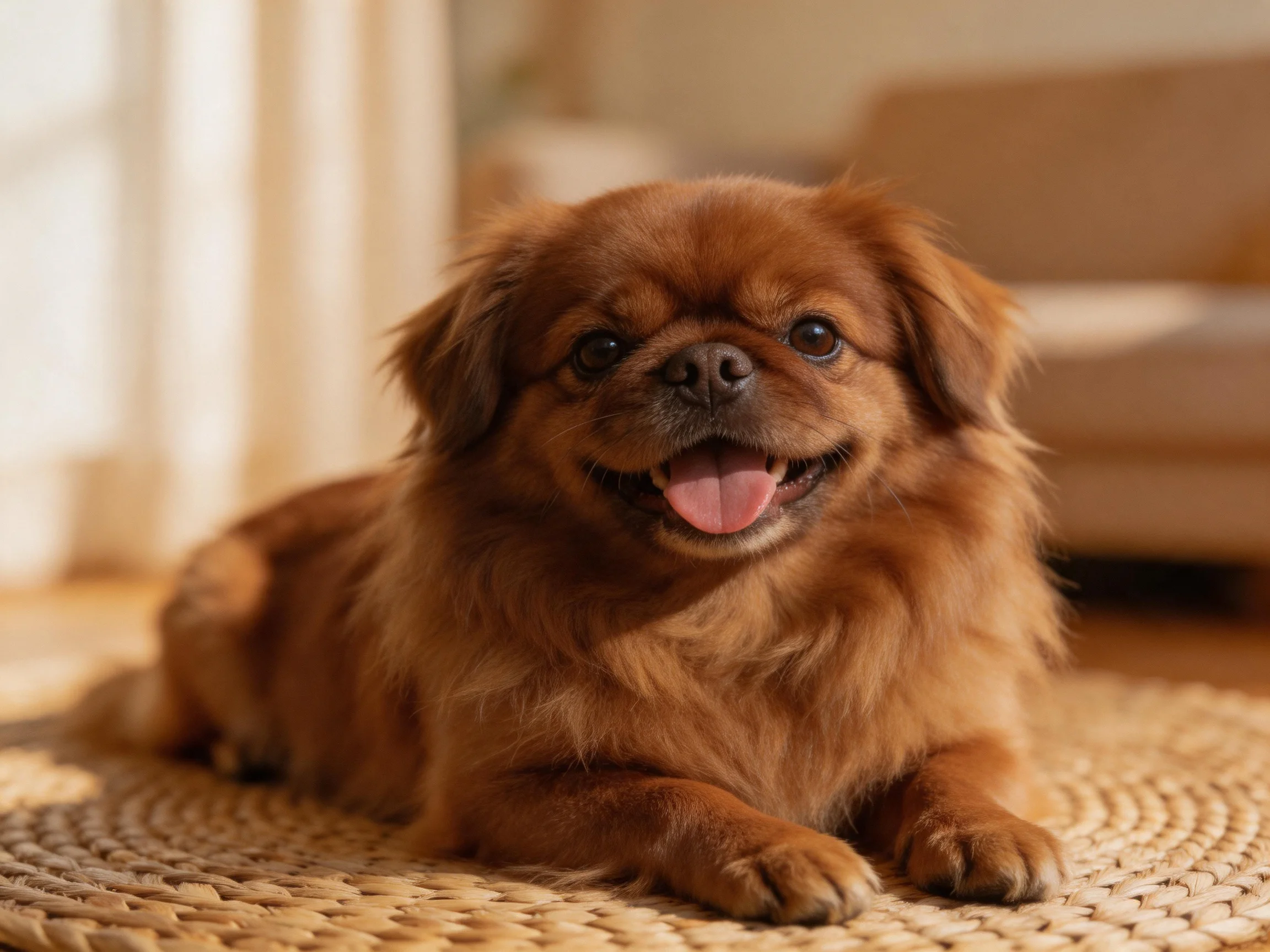A brown dog relaxes comfortably on a rug in a sunlit room.