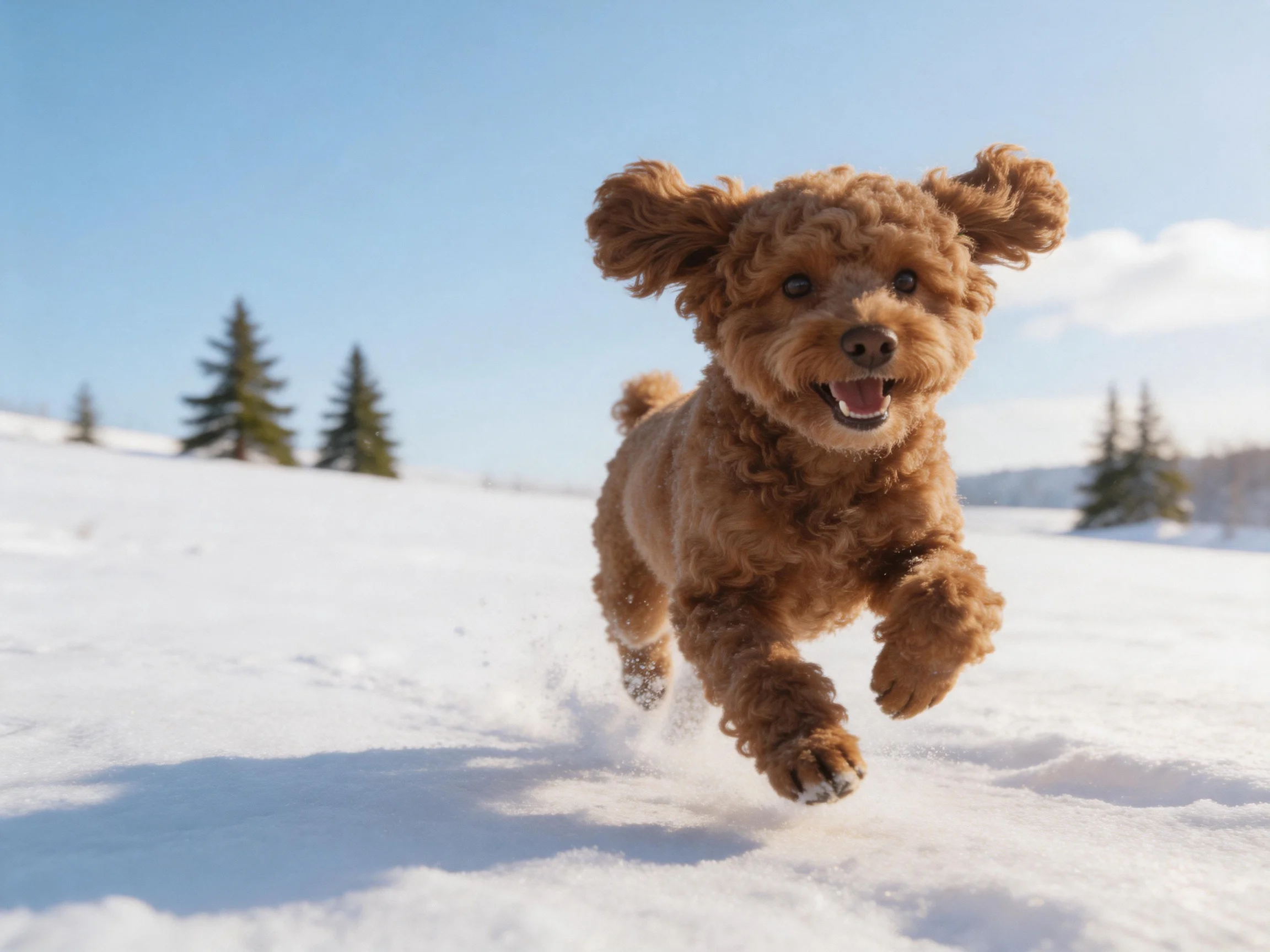 A cheerful brown dog running through snow