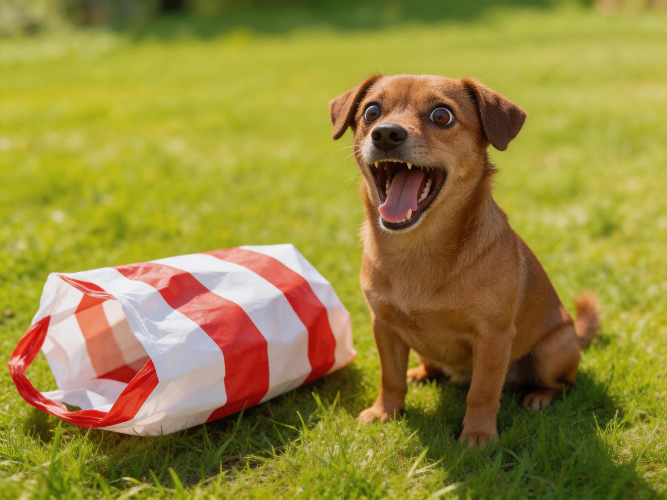 A happy brown dog sits next to a red-and-white bag on grass