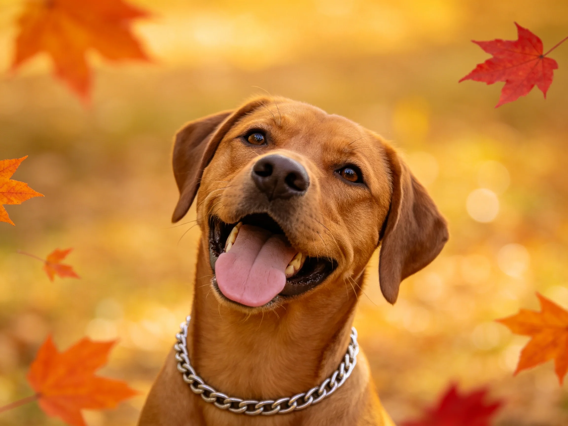 A cheerful brown dog surrounded by vibrant fall maple leaves