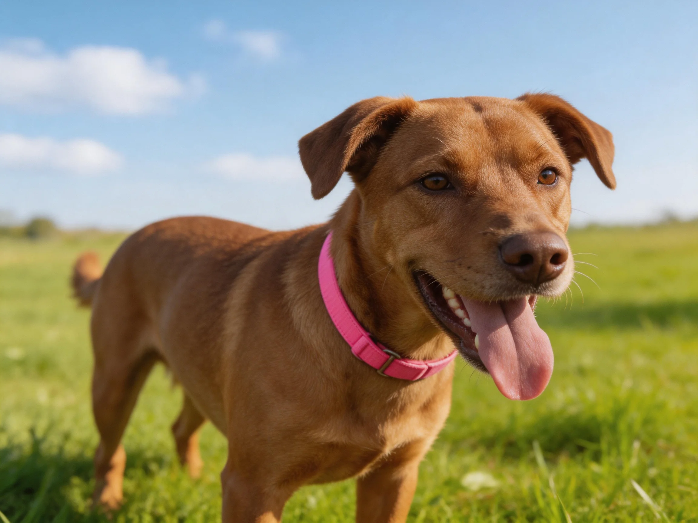 A happy brown dog with a pink collar enjoys time sunny day in a open grassy area.