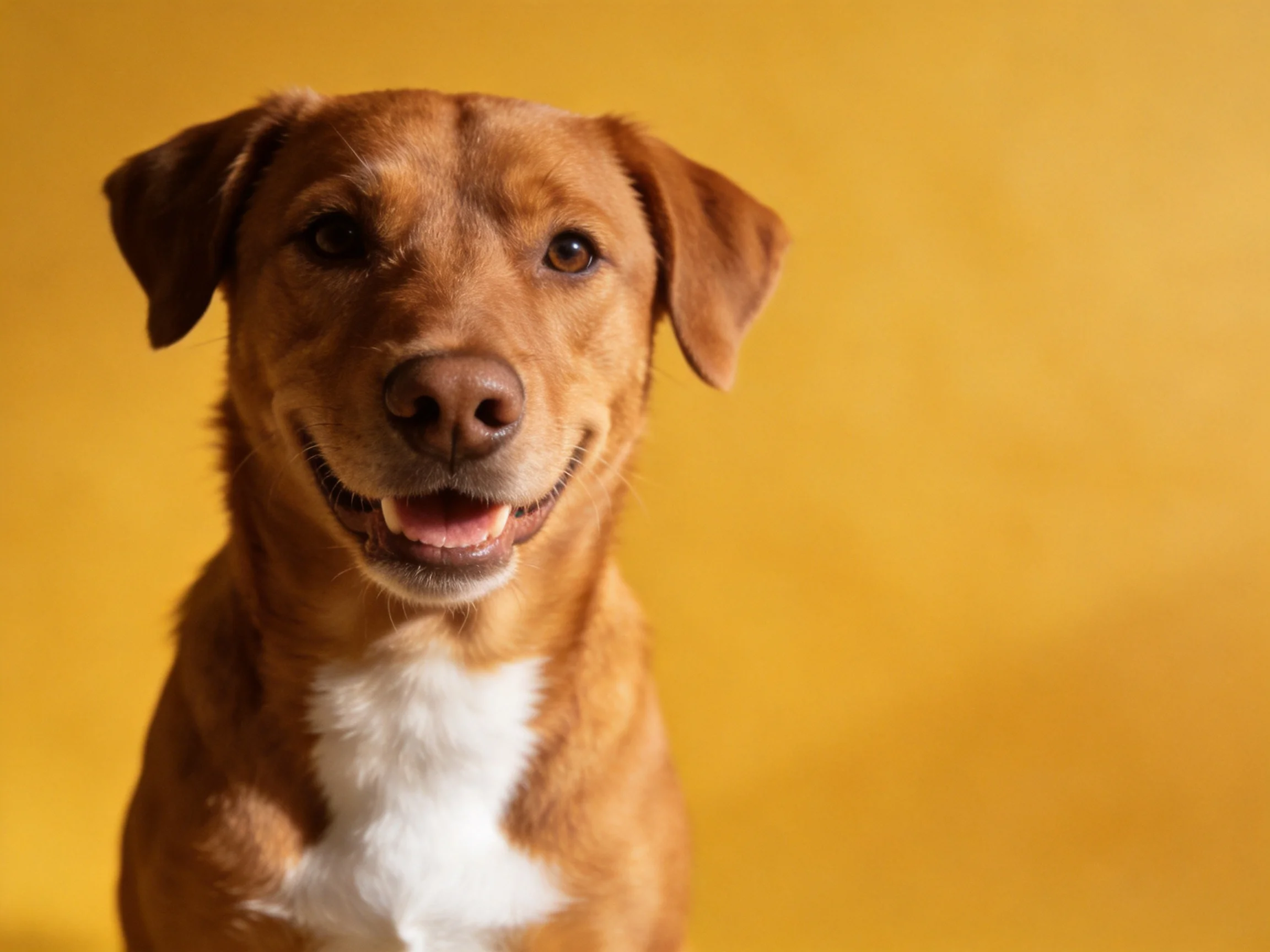 A cheerful brown dog with a white chest poses against a solid yellow background.