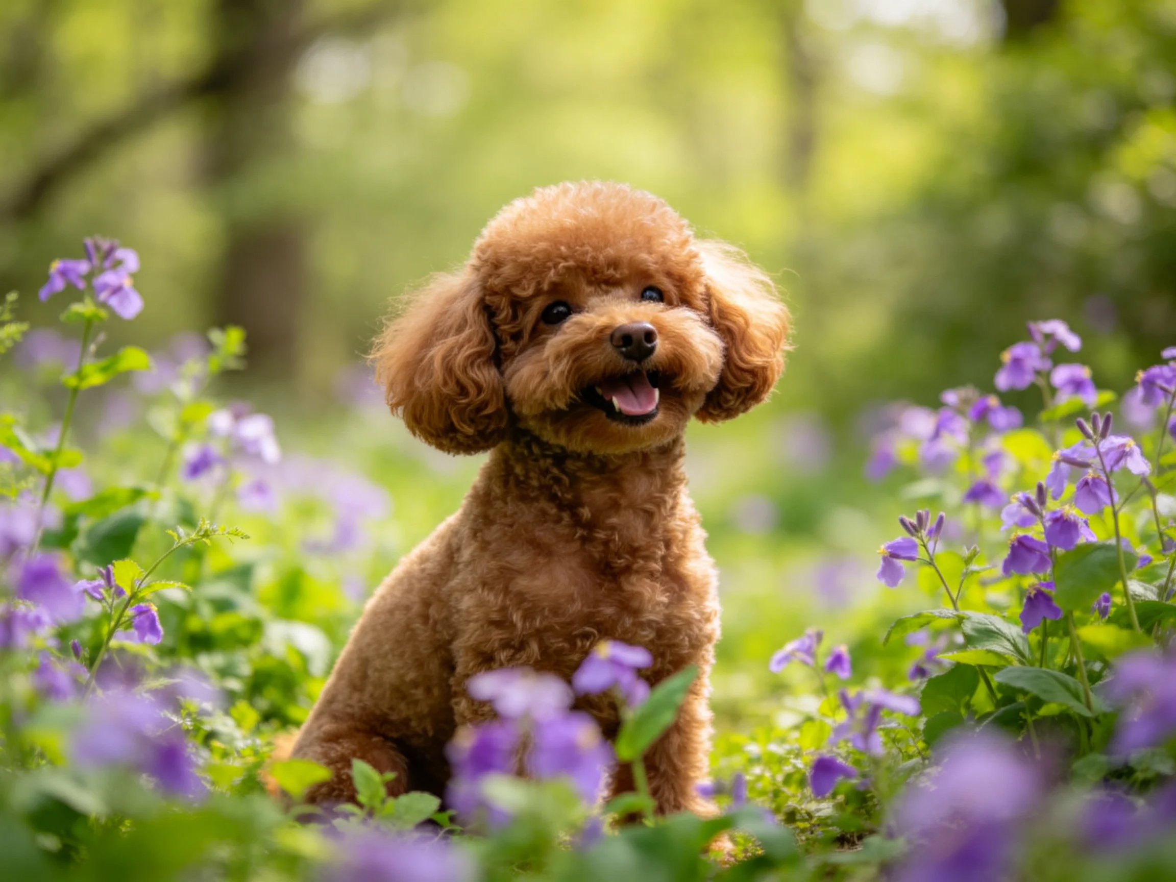 A cheerful brown poodle amid vibrant purple flowers in a sunlit meadow
