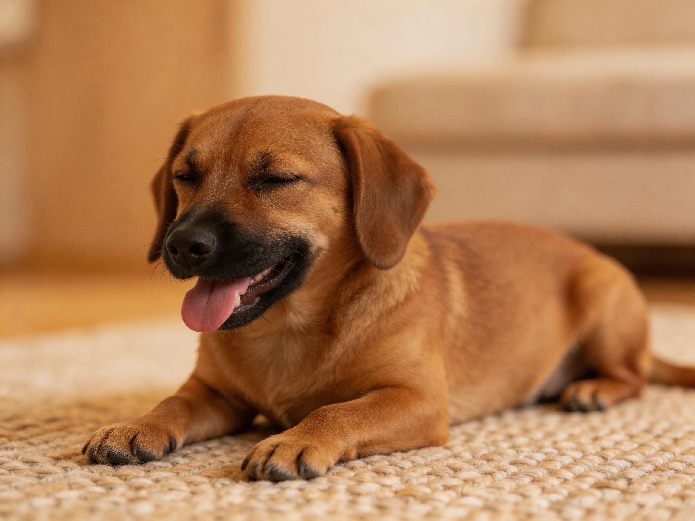 A cheerful brown puppy resting on a textured beige carpet indoors