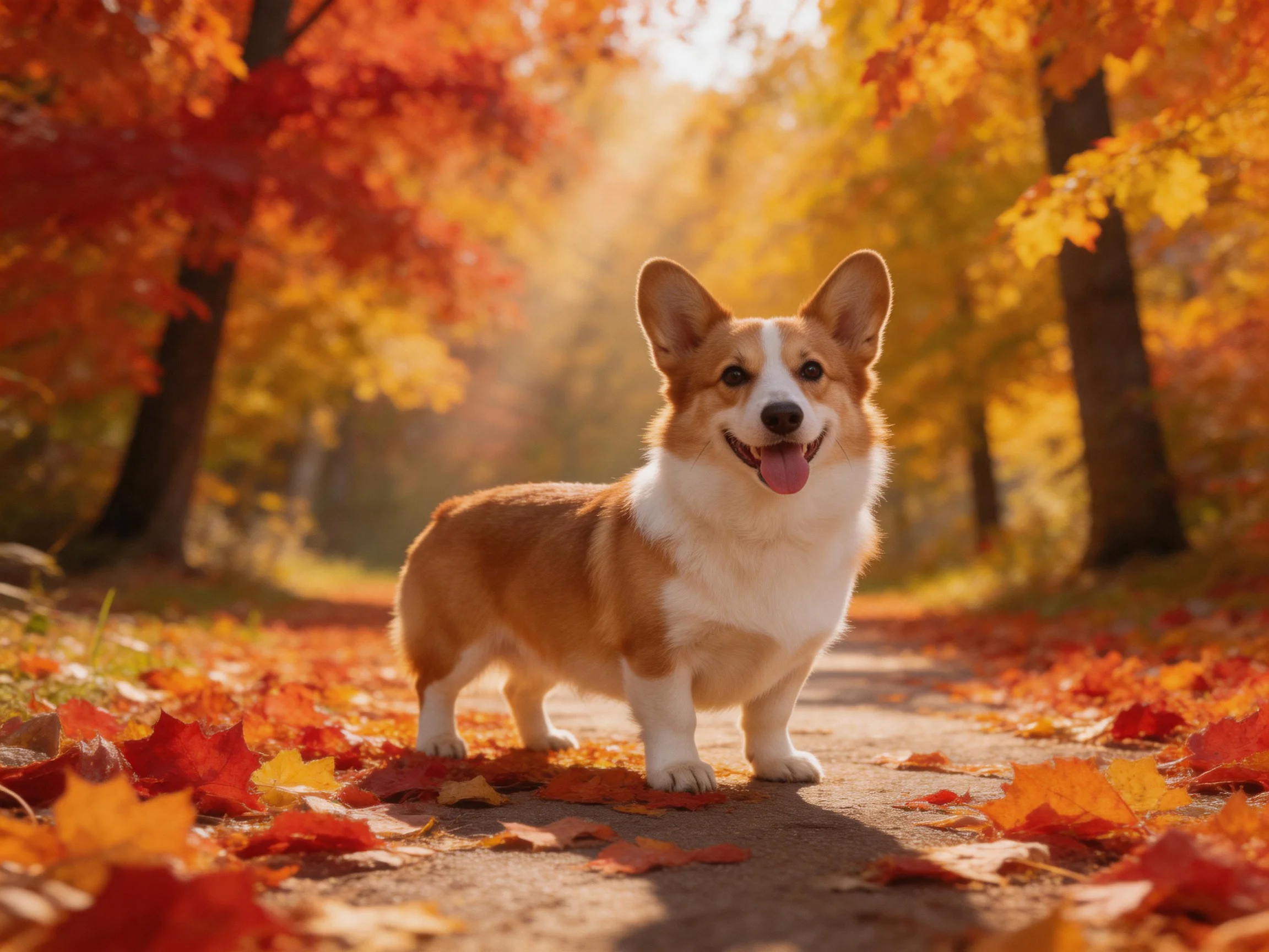 A cheerful corgi stands on a leaf-strewn path surrounded by autumn trees.