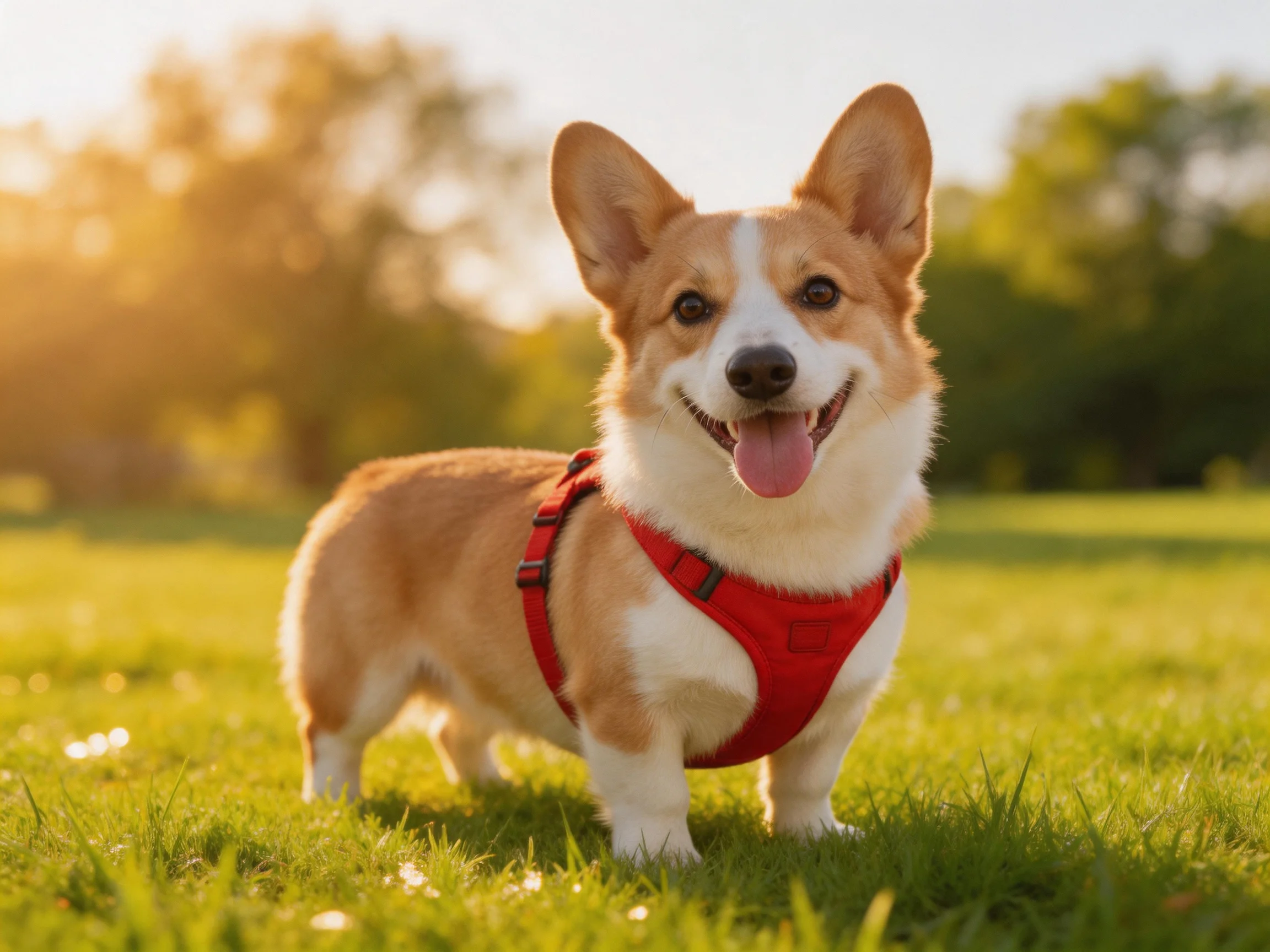 A corgi in a red harness enjoys a sunny day on the grass.
