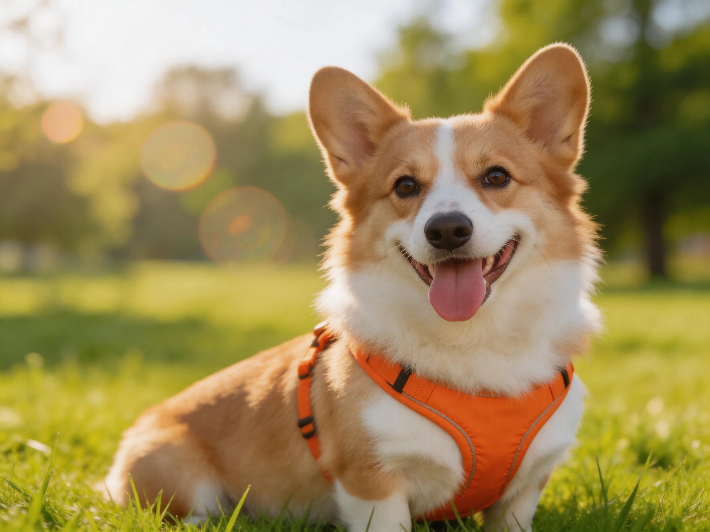 A cheerful corgi in an orange harness sits on vibrant green grass
