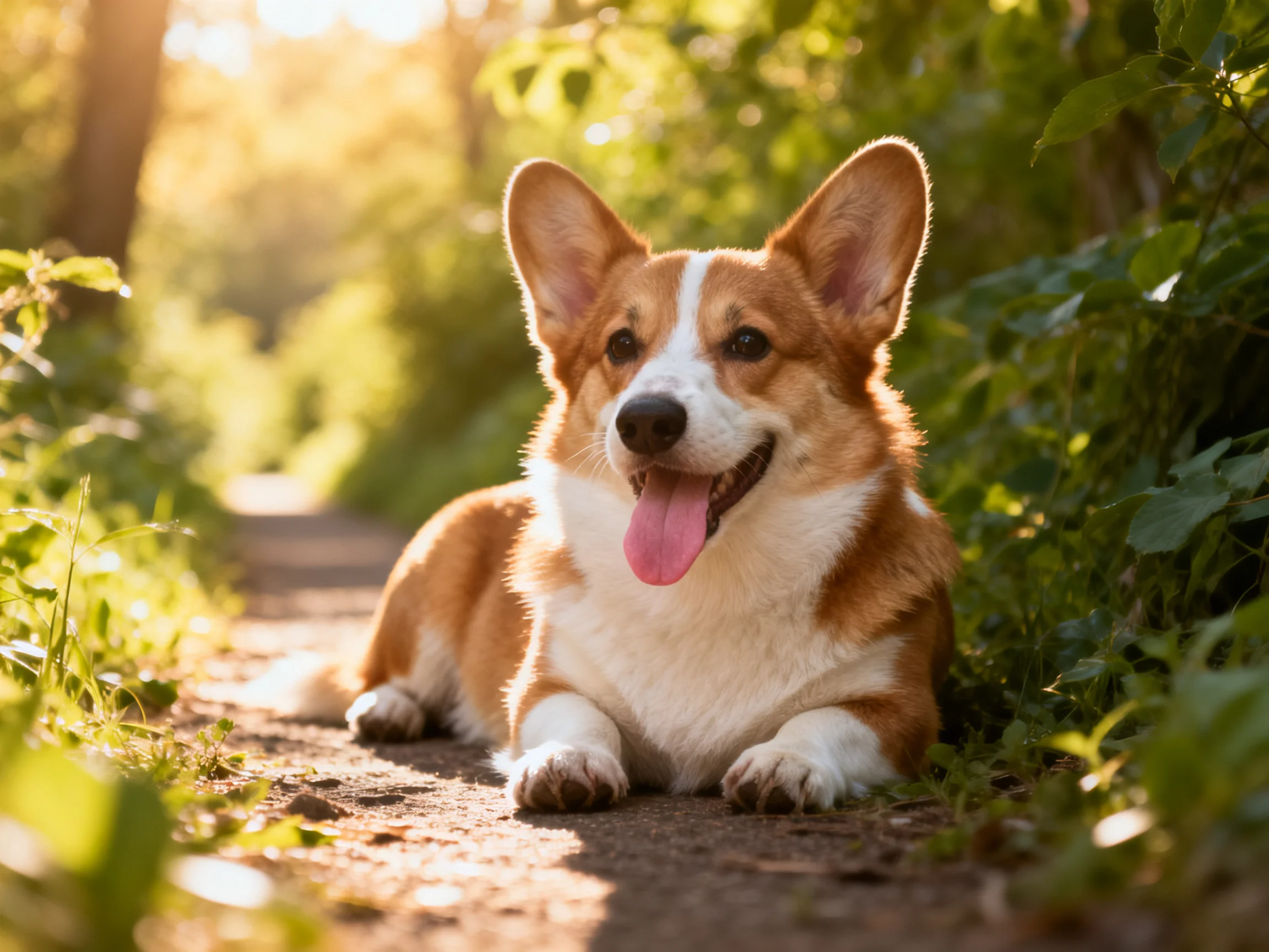 A cheerful corgi rests on a sunlit forest path surrounded by greenery