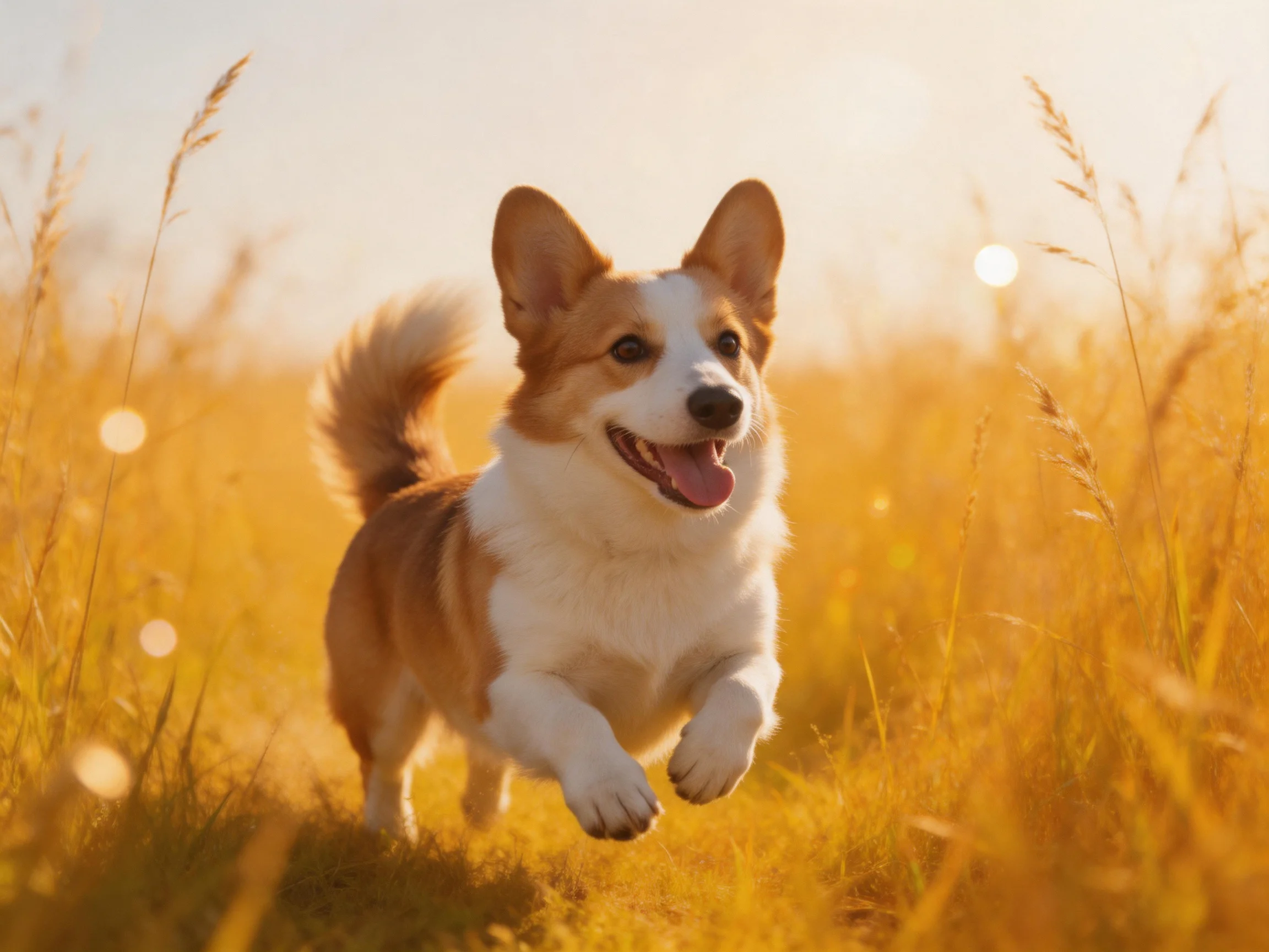A cheerful corgi runs through a sunlit golden grassy field