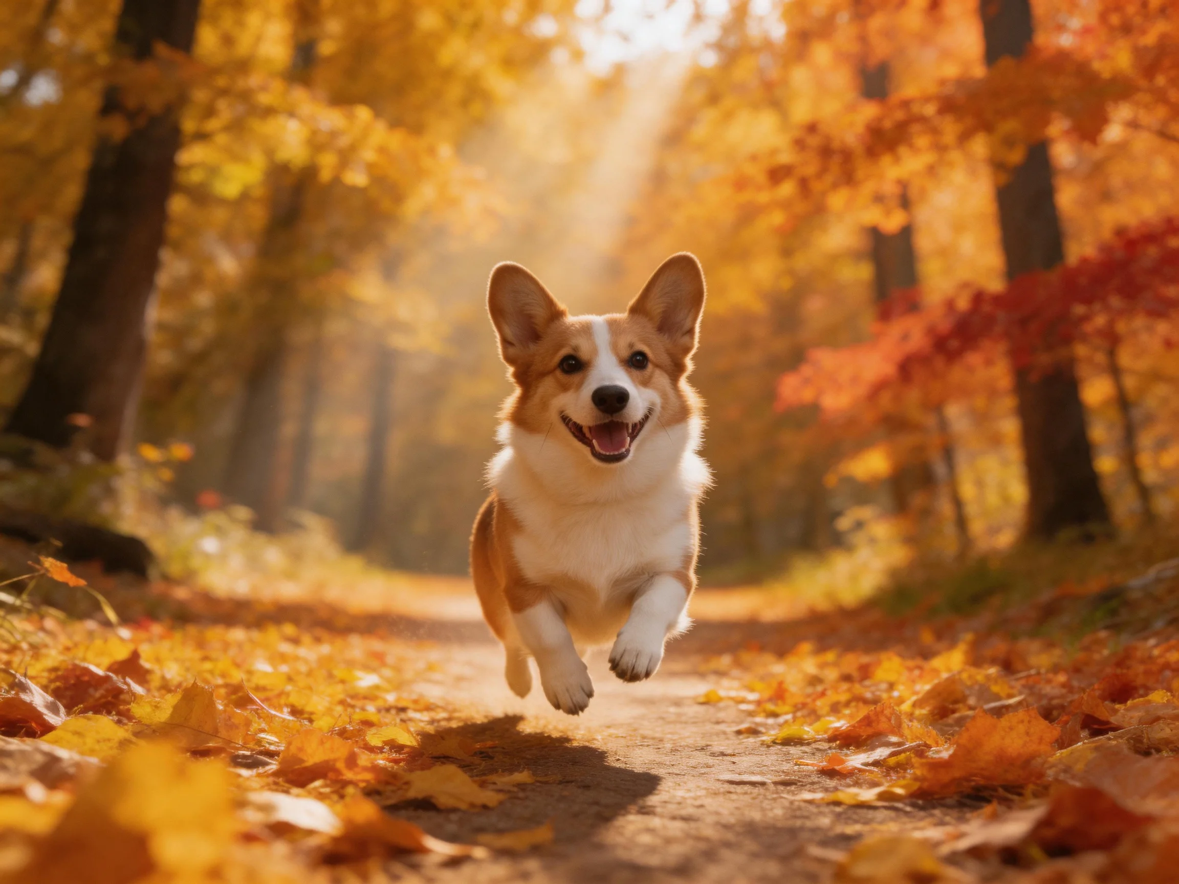 A cheerful corgi runs through an autumn forest path with golden foliage