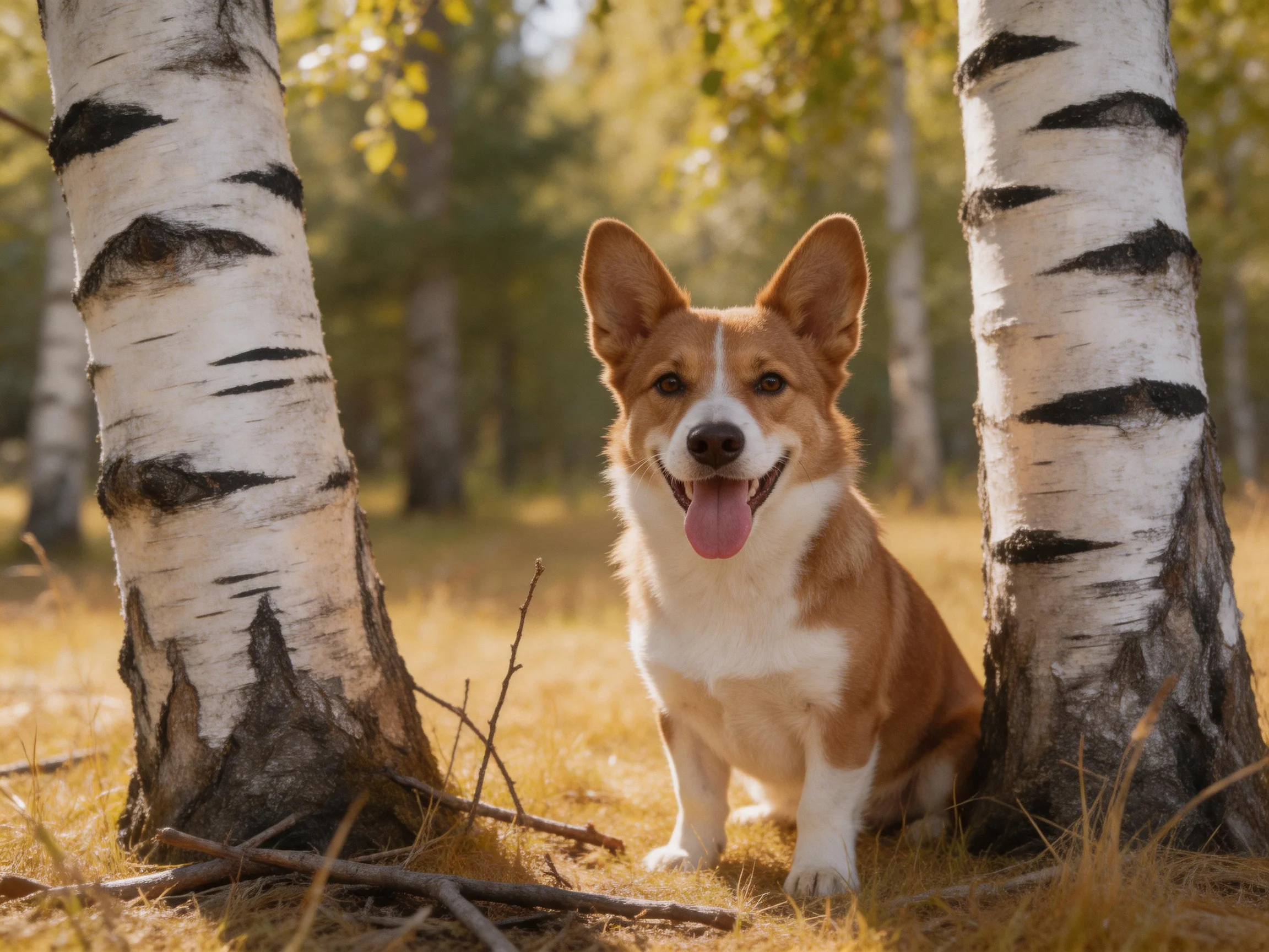 A cheerful corgi sits among birch trees in a sunlit forest.