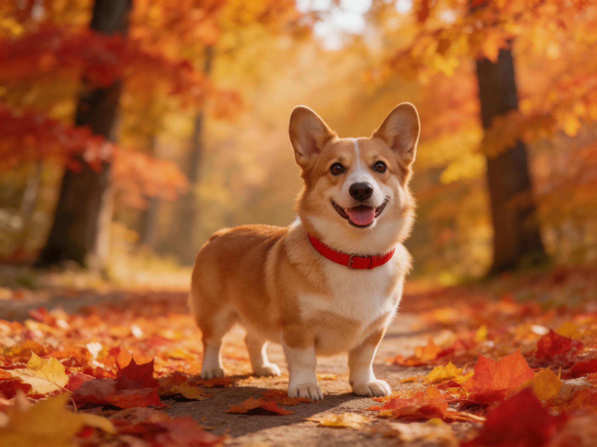 A cheerful corgi stands amid vibrant fall foliage on a leaf - strewn path