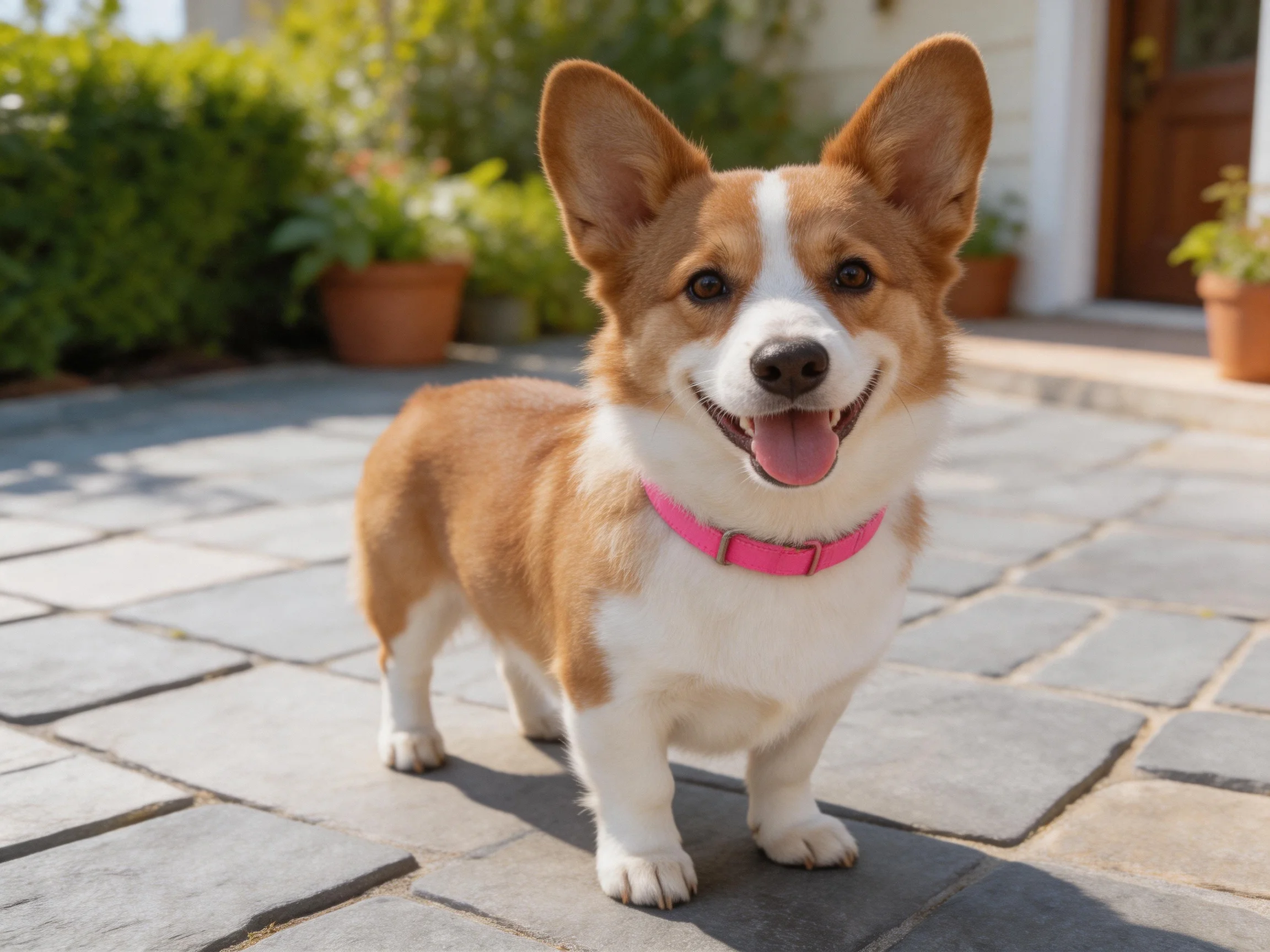 A happy corgi with a pink collar stands on a stone patio.