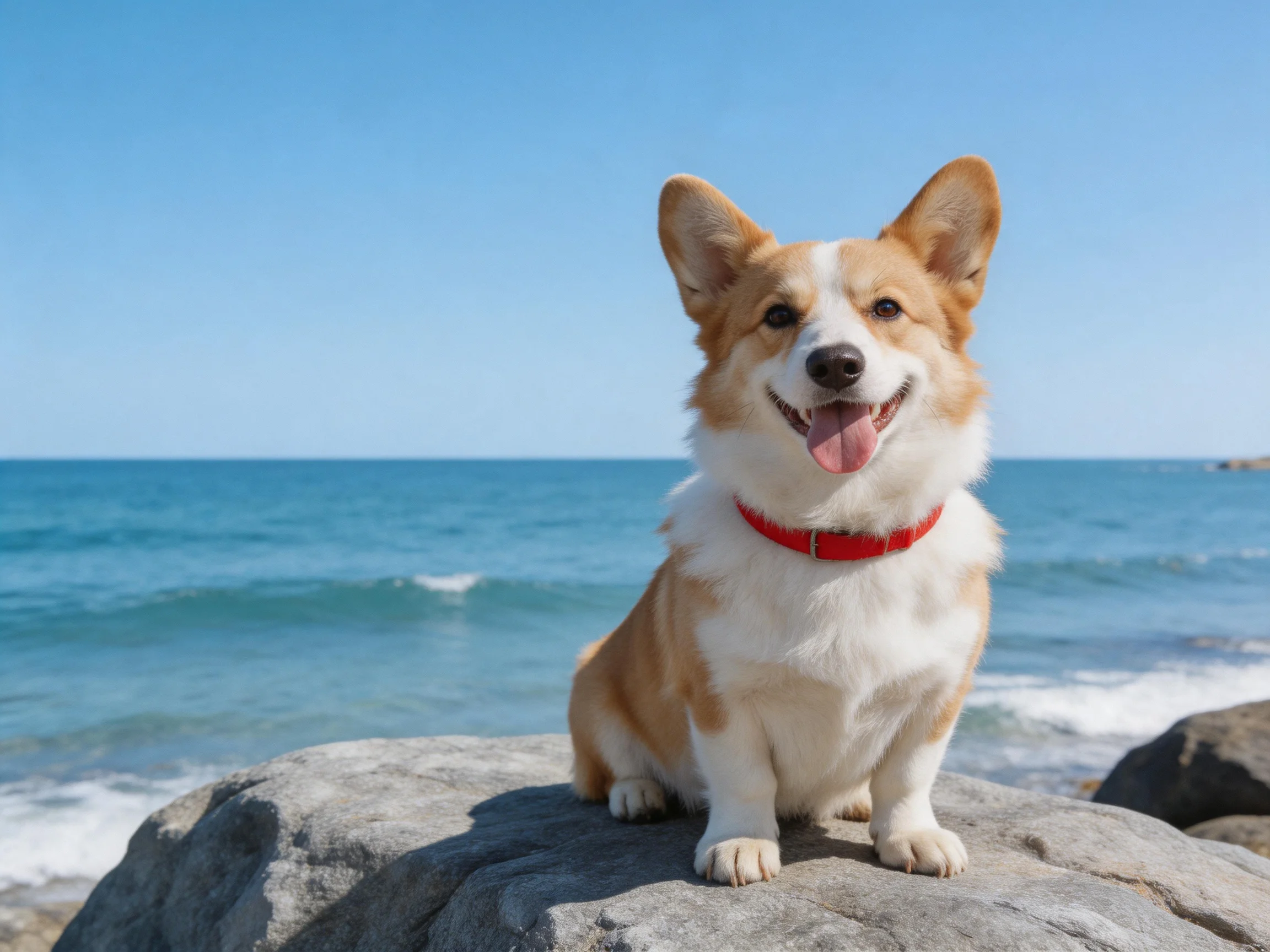 A happy corgi wearing a red collar rests on rocks by the calm sea.