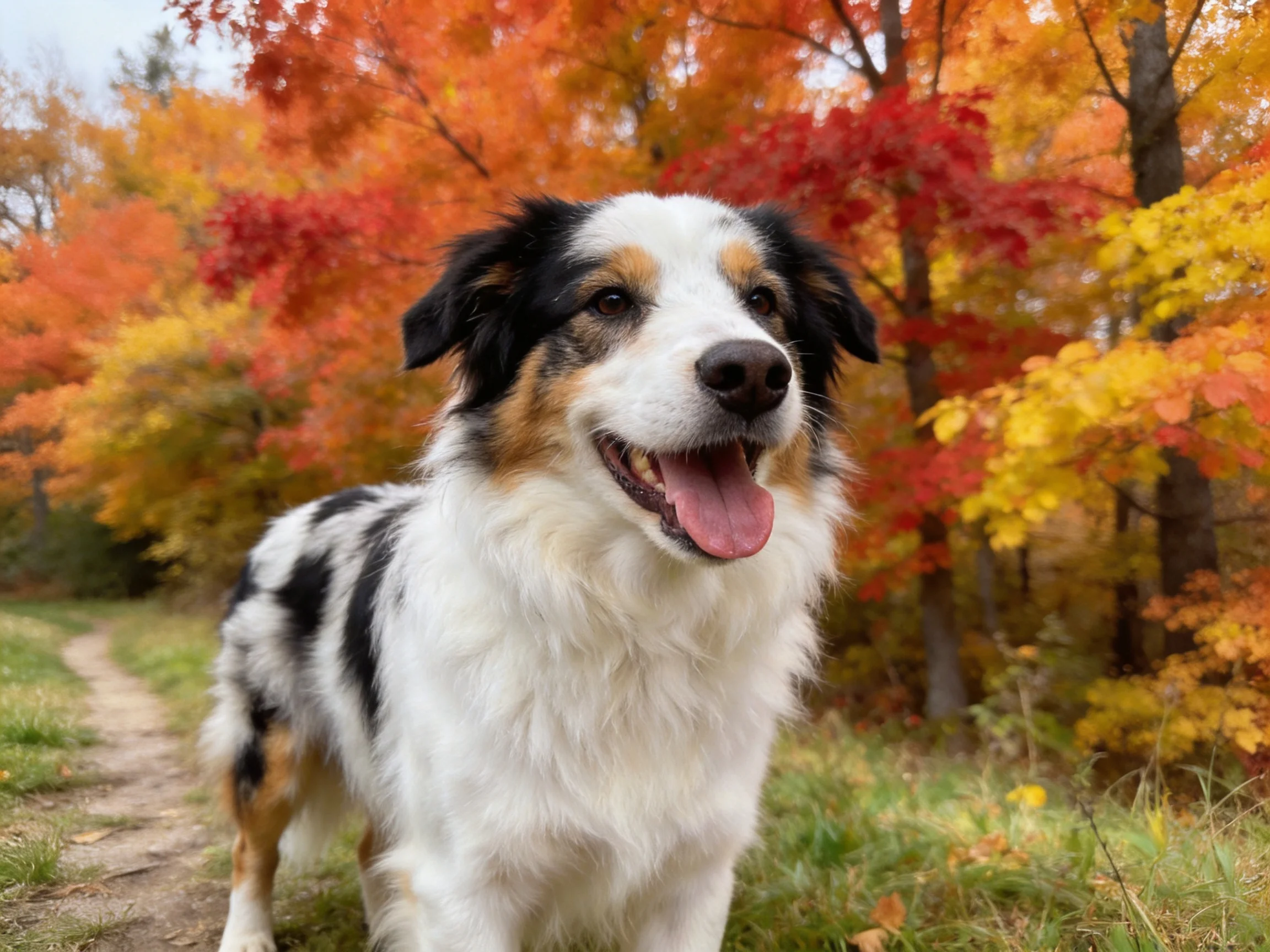 A happy dog poses near colorful autumn trees in a wooded area.