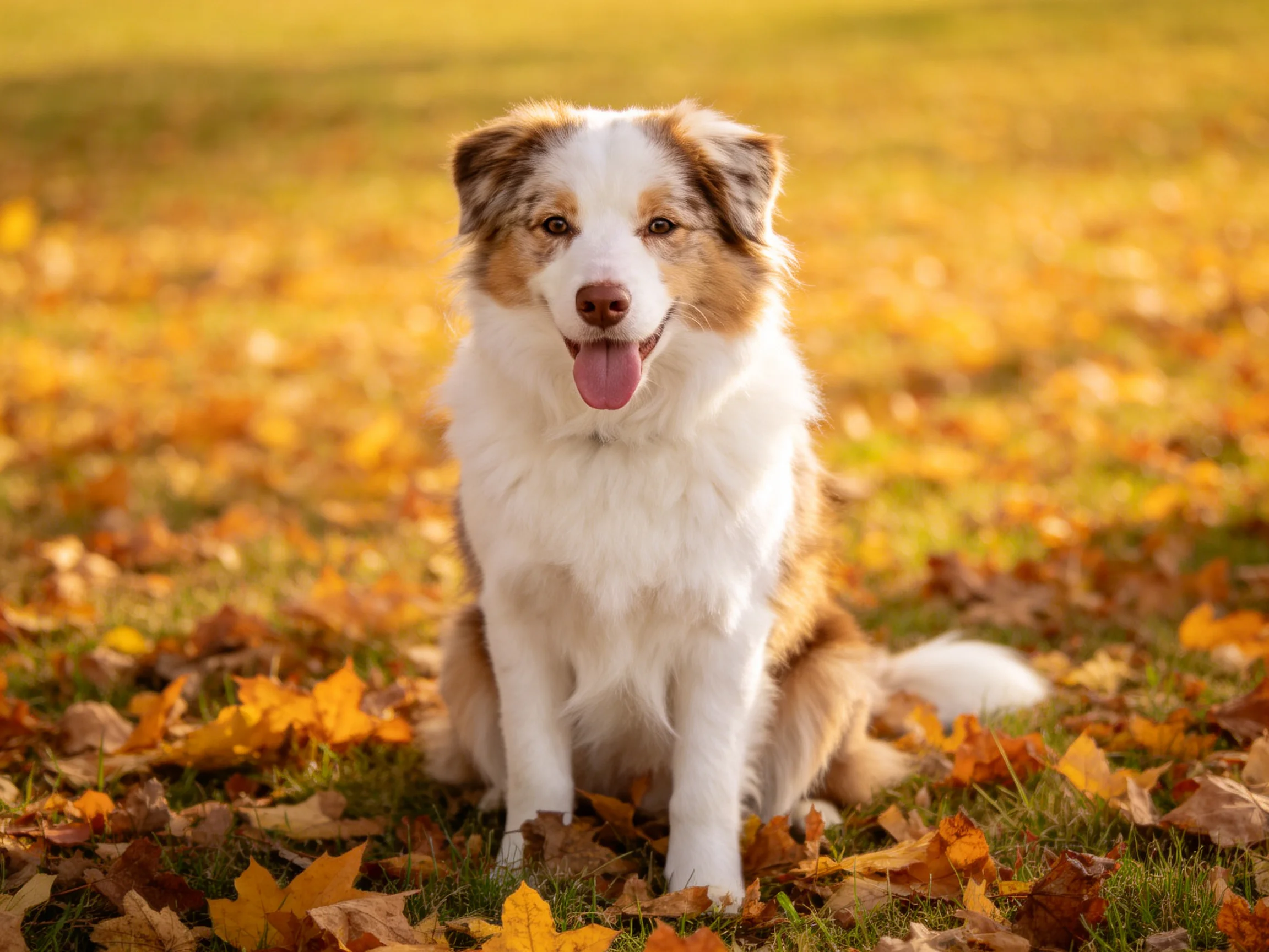 A happy dog sits among scattered autumn leaves in a sunlit outdoor area.