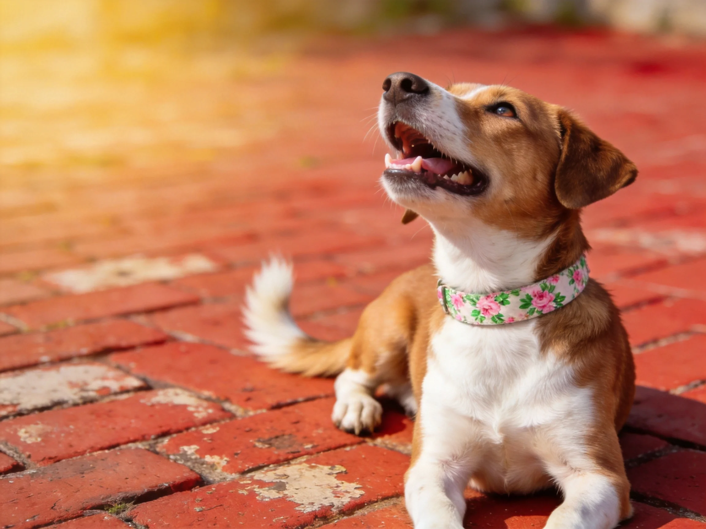 A cheerful dog with a floral collar sits on a red brick path in bright sunshine