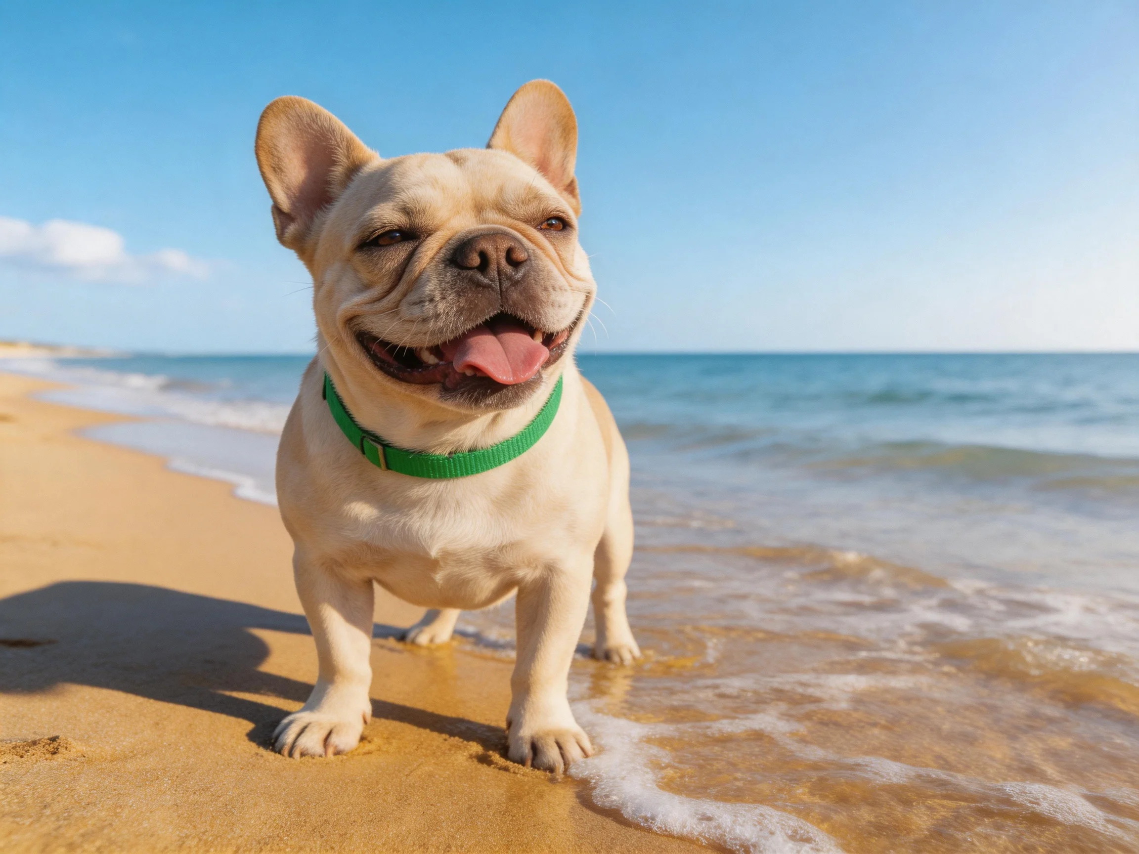 A happy dog with a green collar enjoys time on a sunny beach near the water.