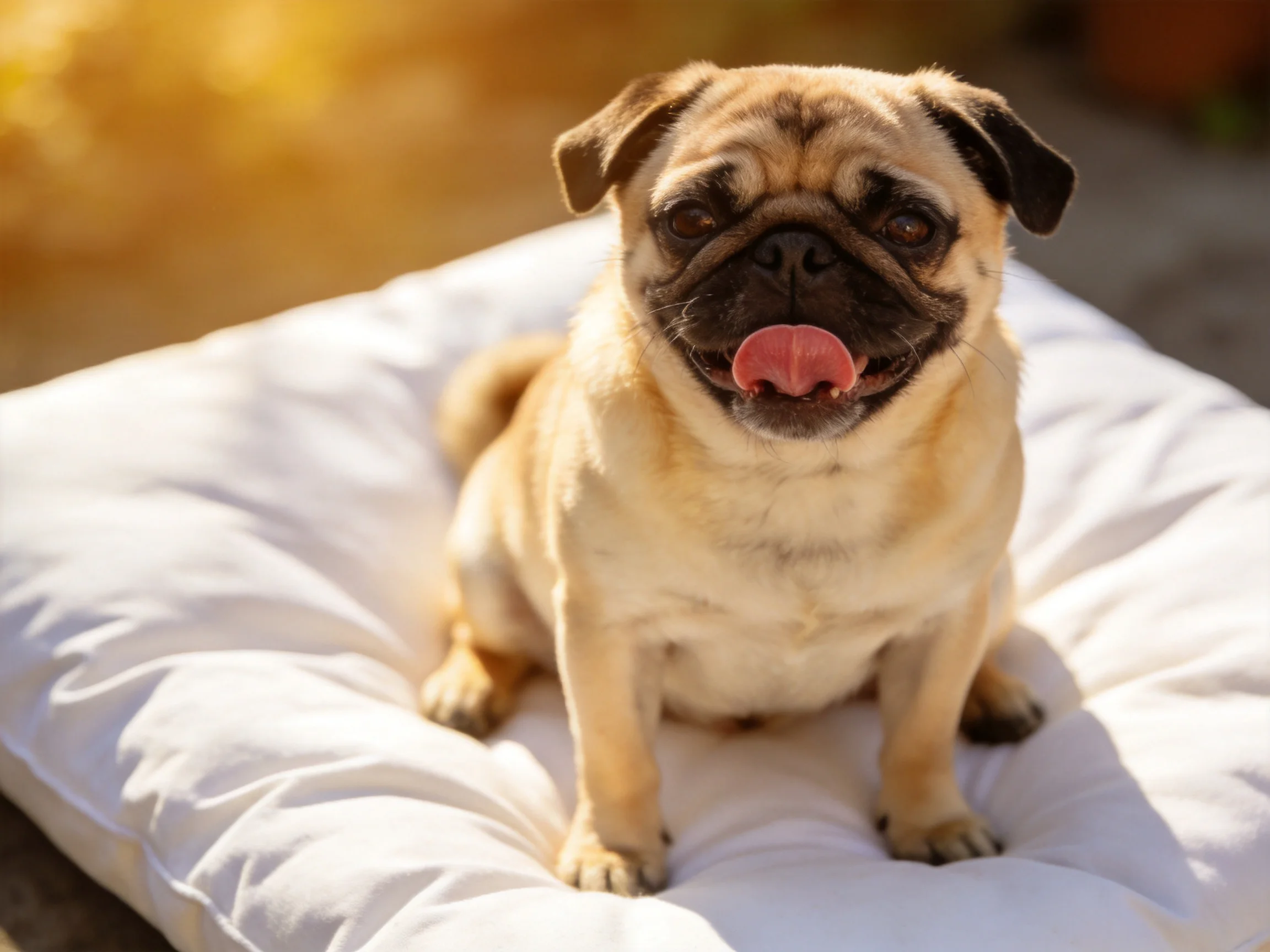 A cheerful fawn-colored pug sits on a plush white cushion in bright sunlight