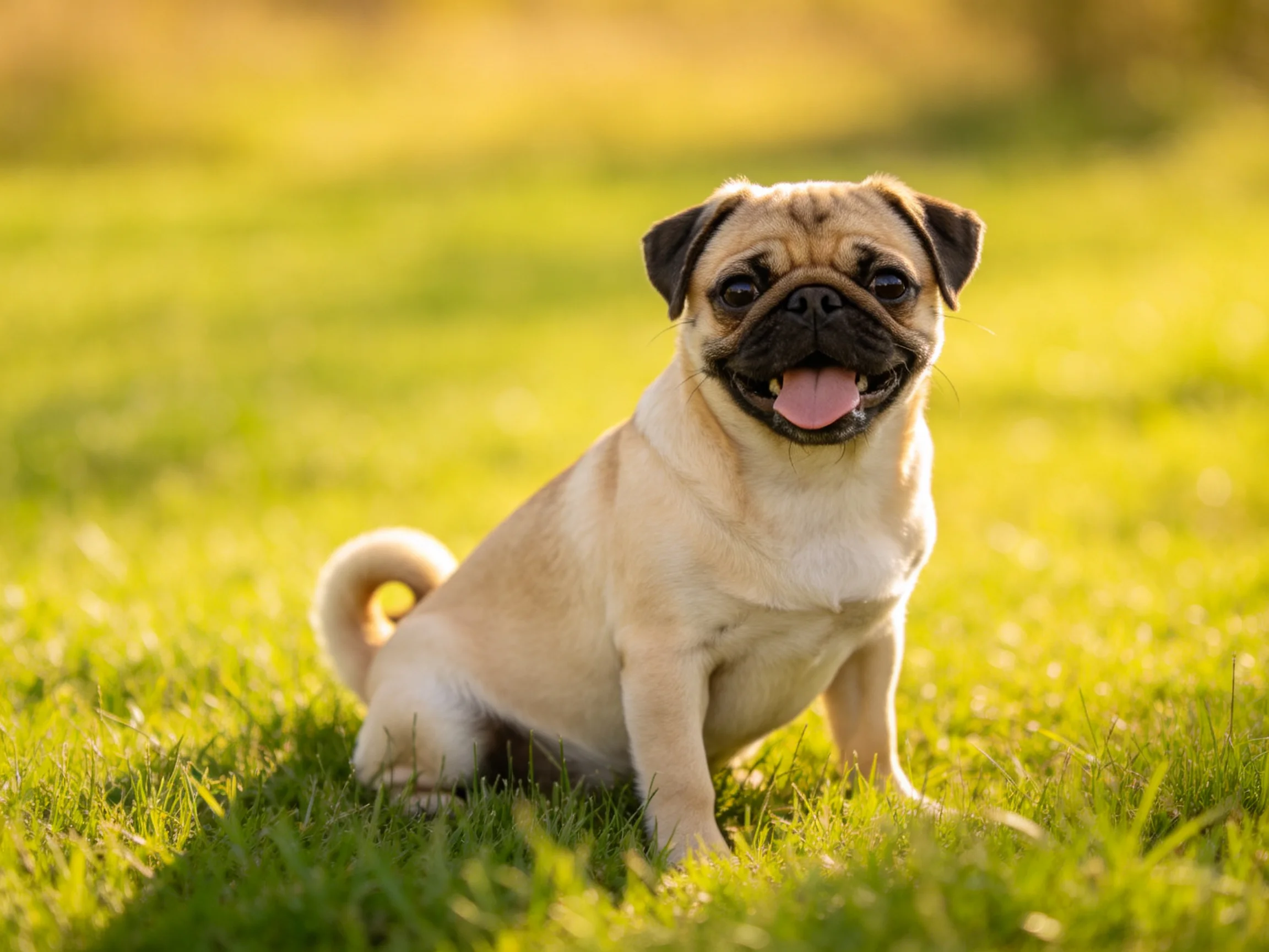 A cheerful fawn pug sits on green grass in bright sunlight