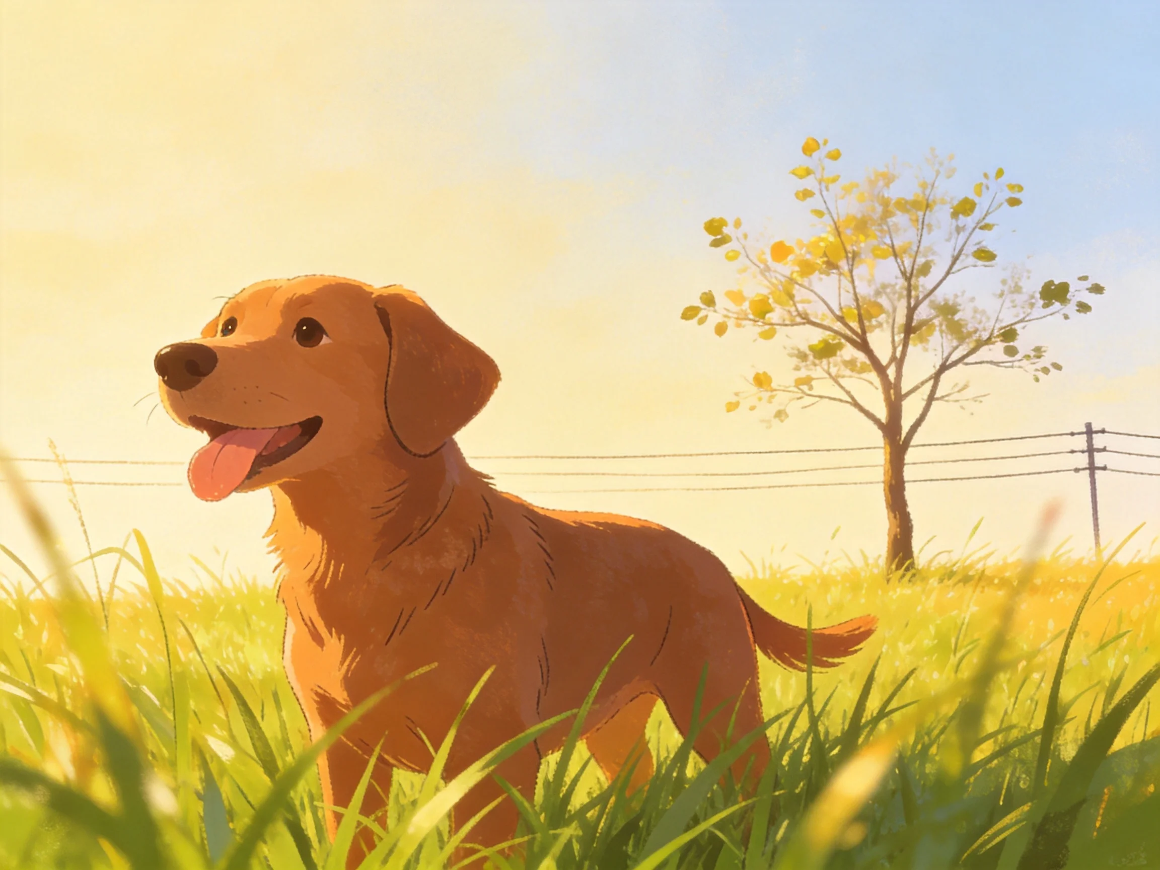 A cheerful golden retriever puppy in sunlit tall grass near a leafy tree