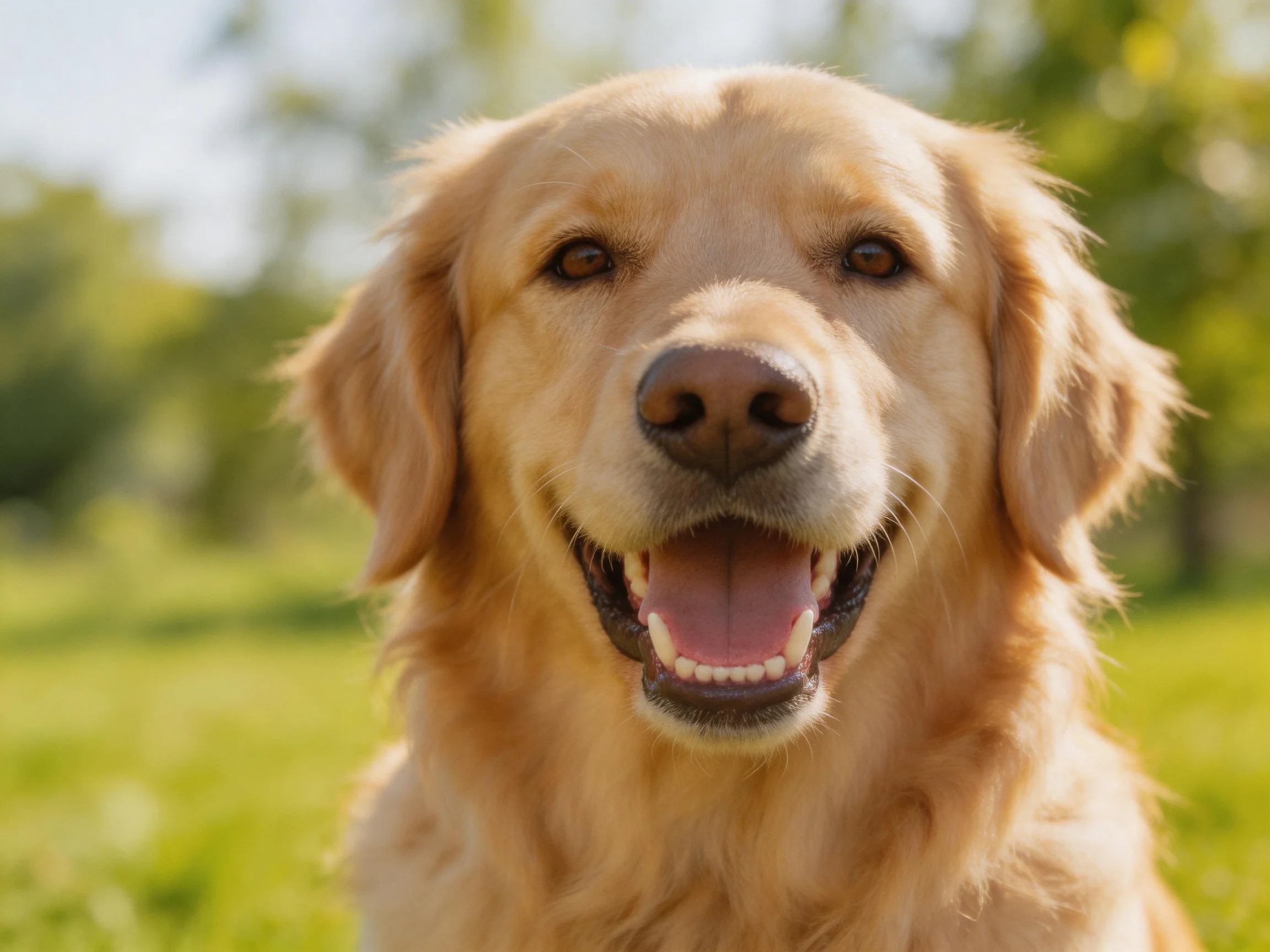 A cheerful golden retriever smiling in a sunlit green meadow