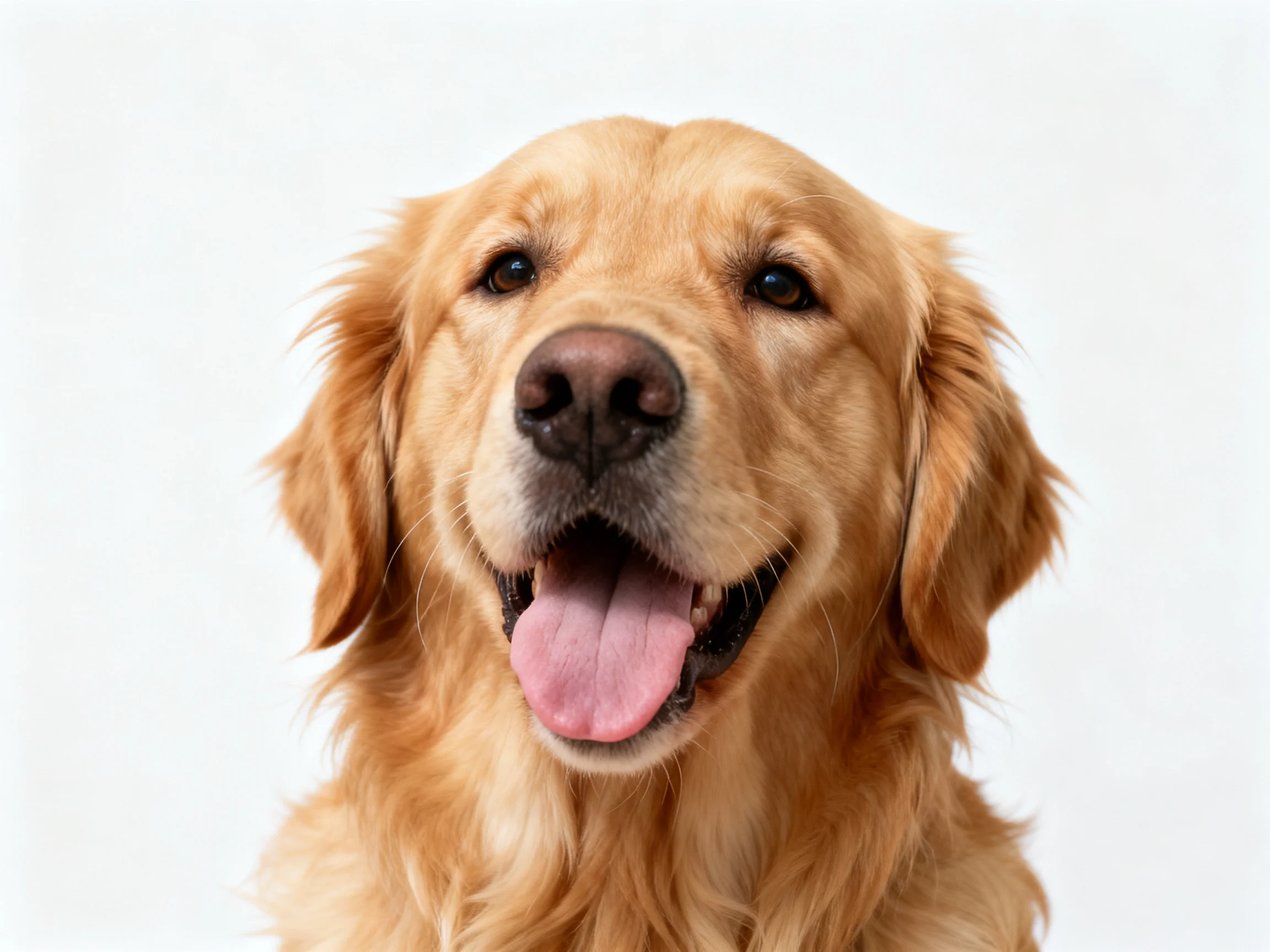 A golden retriever smiles happily with tongue out against a white background.