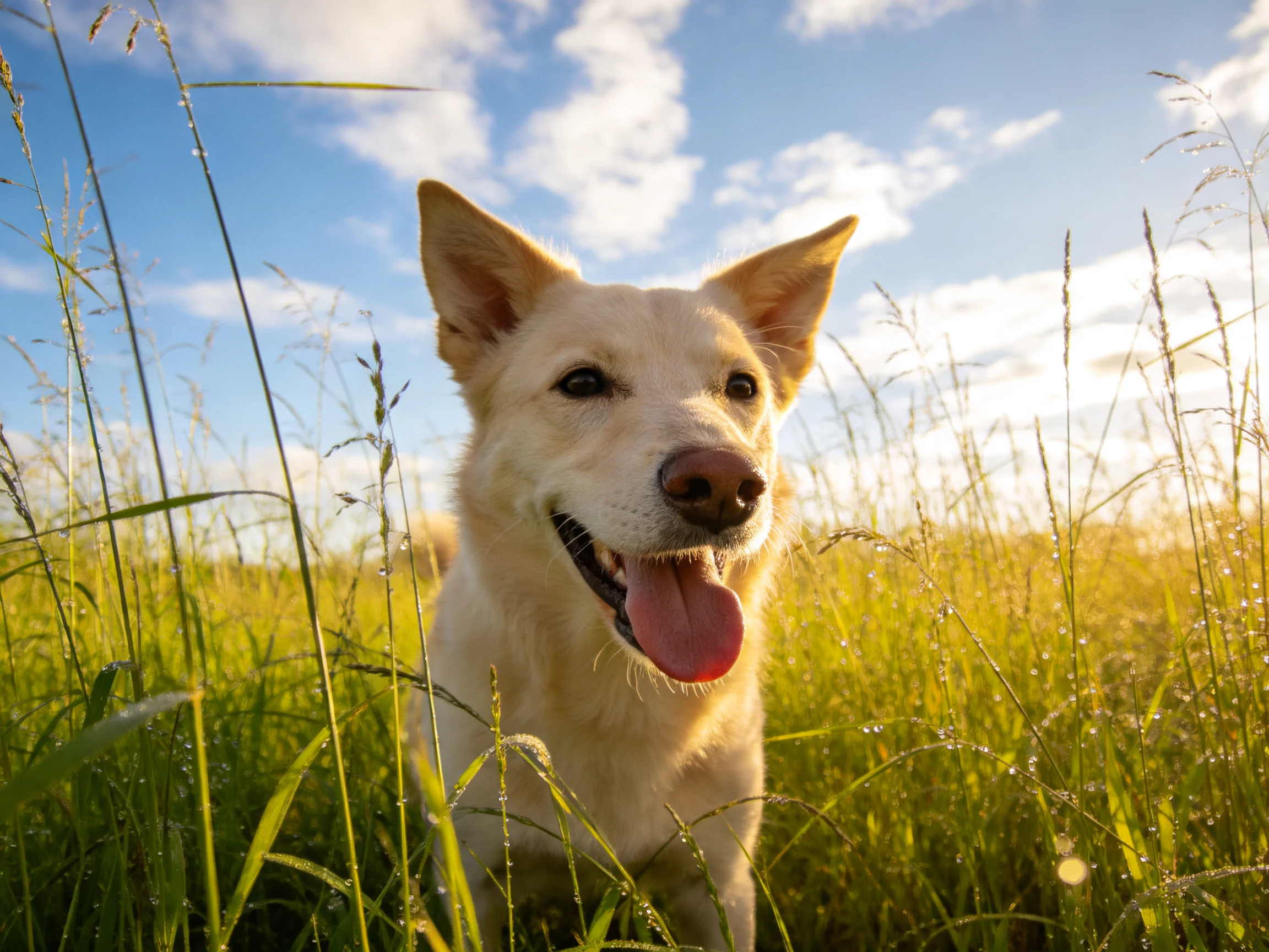 A cheerful light-hued dog in tall golden grass under bright blue sky