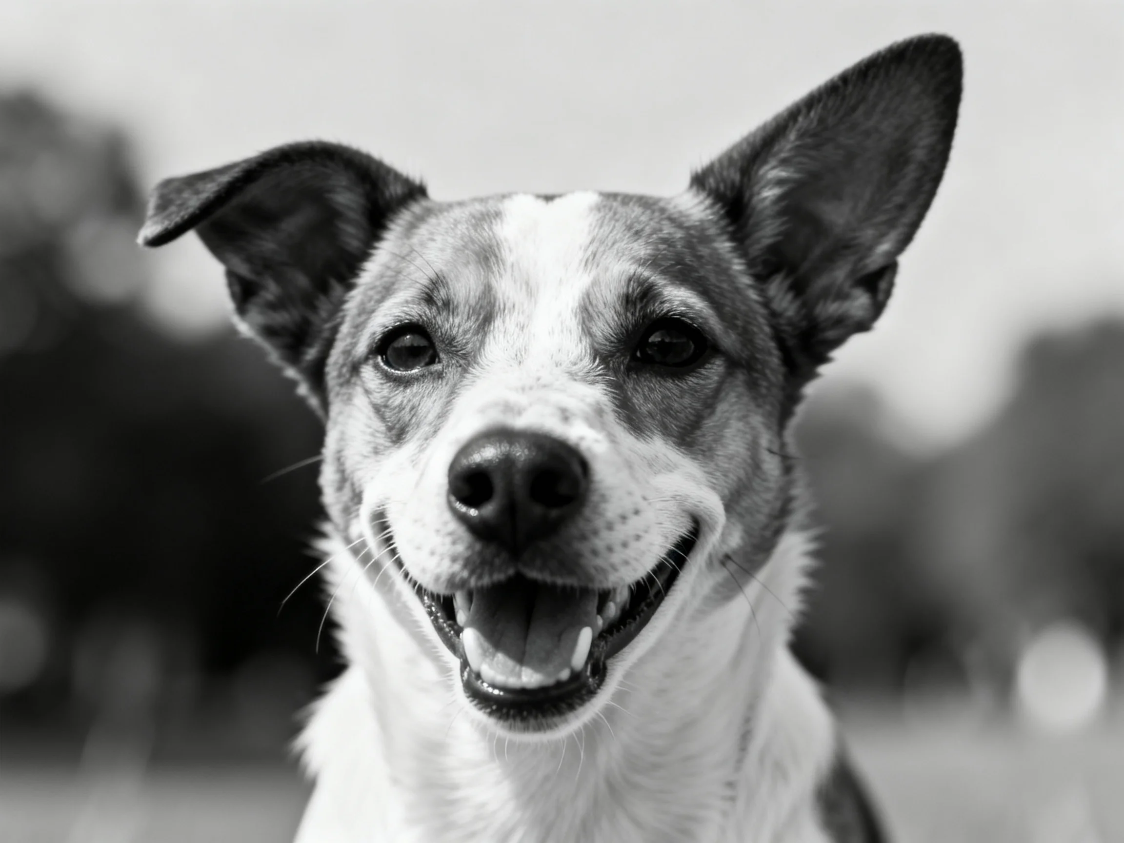A cheerful mixed-breed dog in a black-and-white portrait