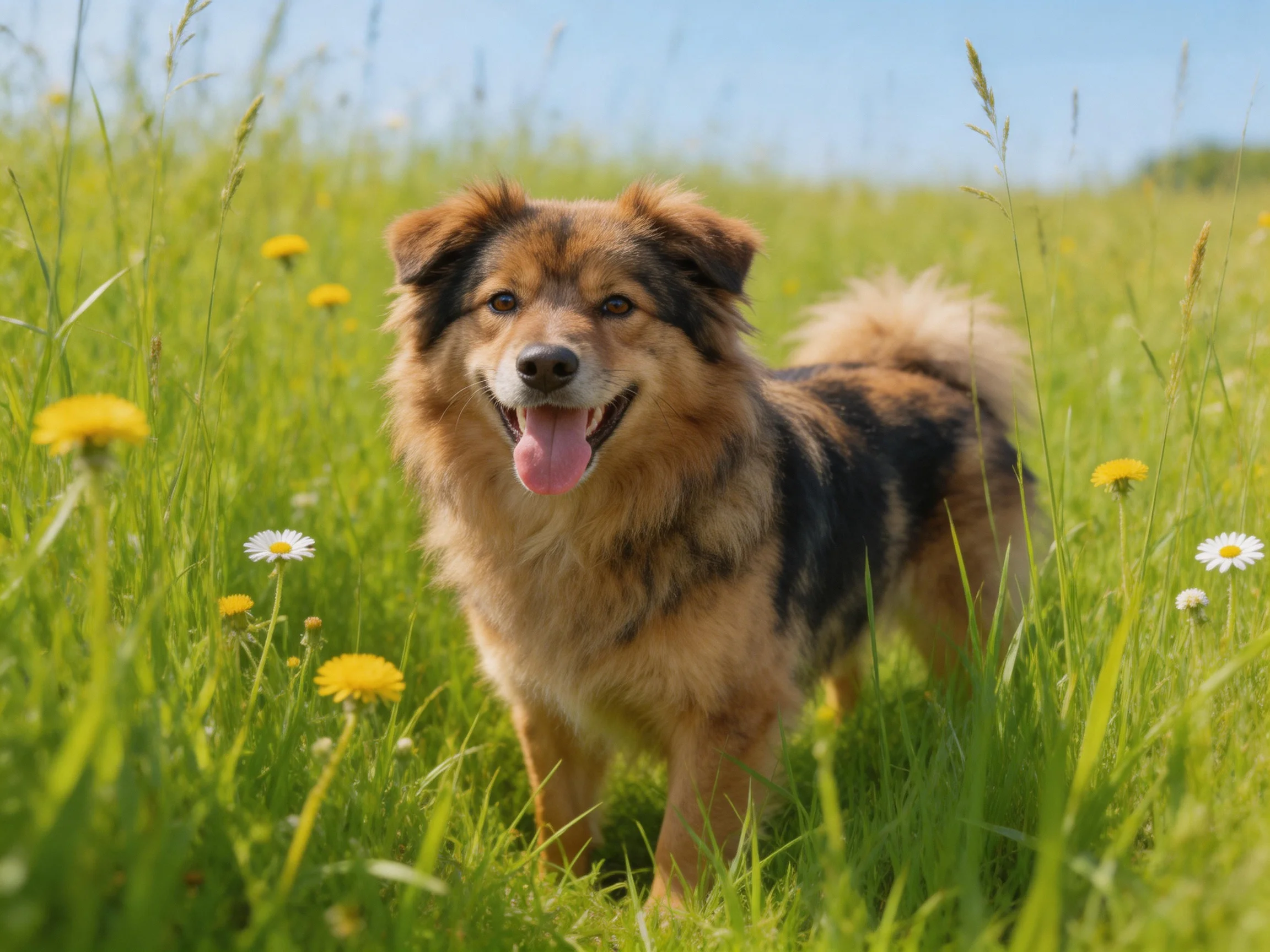 A cheerful mixed-breed dog stands in a sunlit meadow of tall green grass and yellow wildflowers