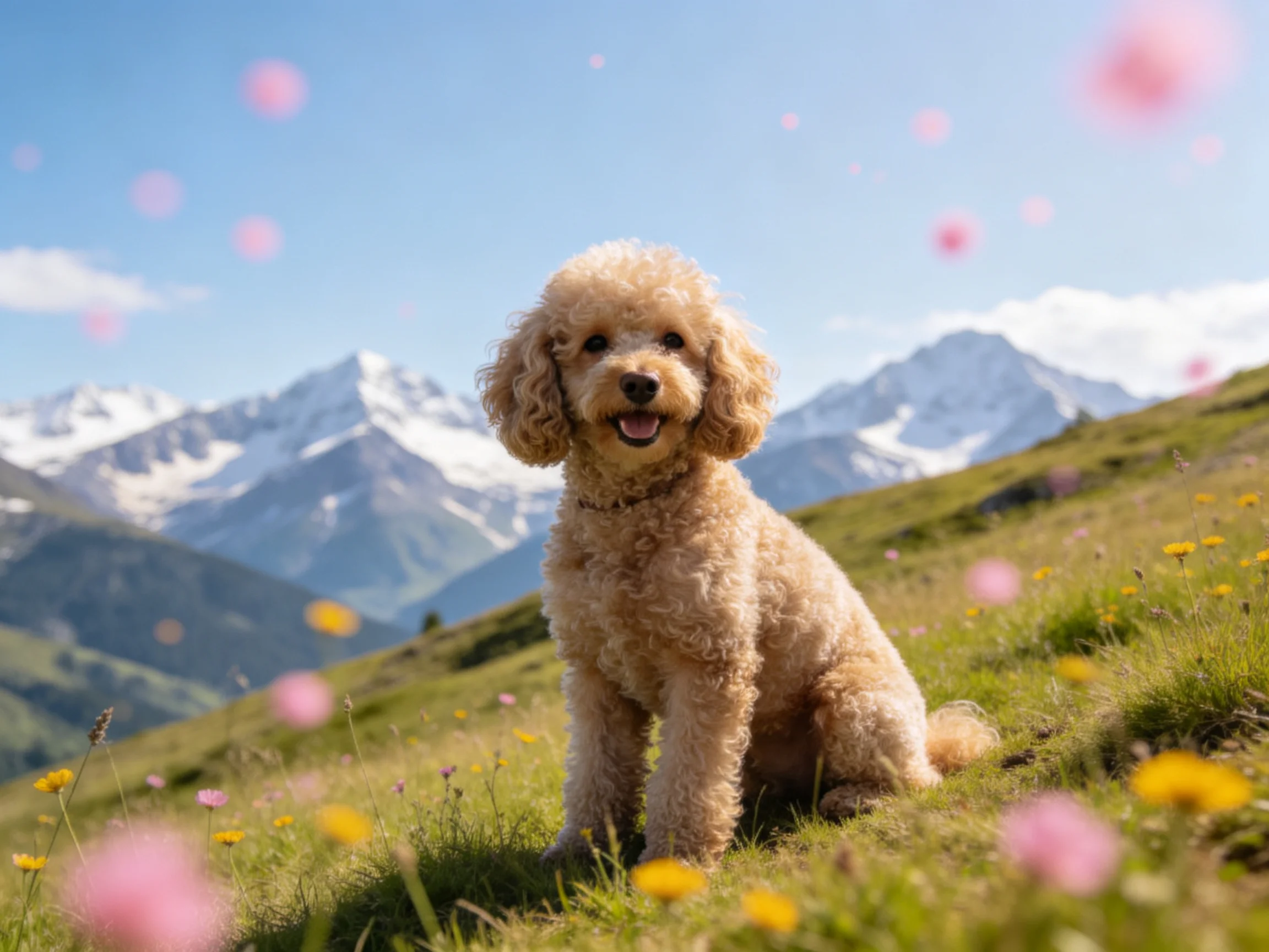 A cheerful poodle sits amid wildflowers near snow-capped mountains