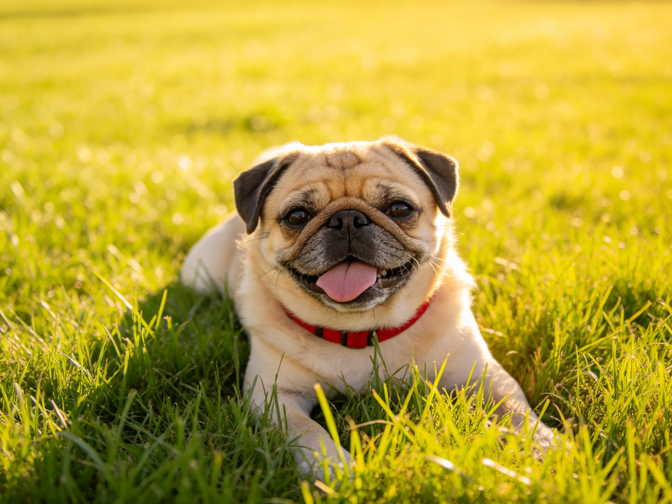 A cheerful pug rests on lush green grass with a red collar
