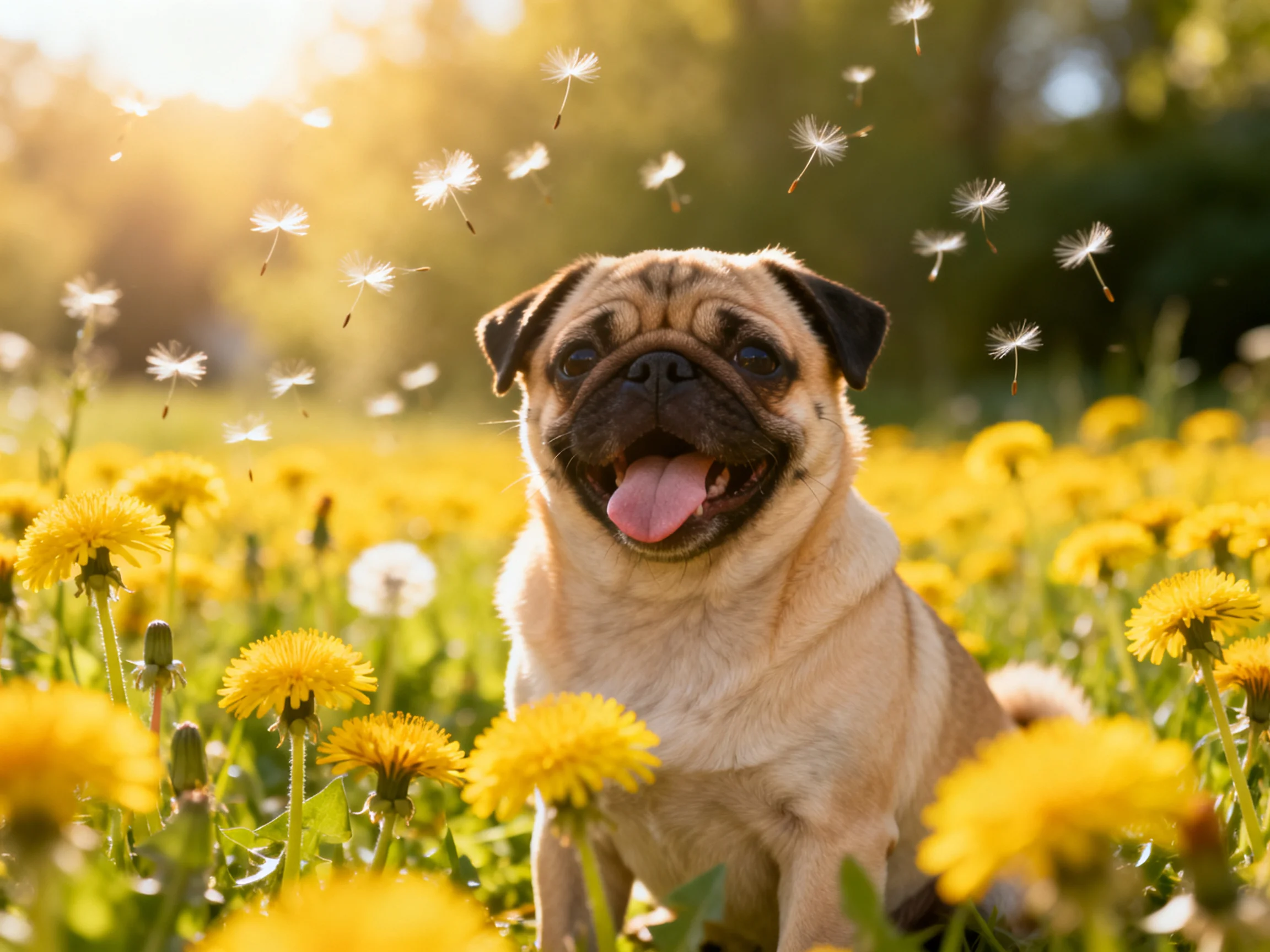 A cheerful pug sitting among numerous yellow dandelions in a sunlit meadow