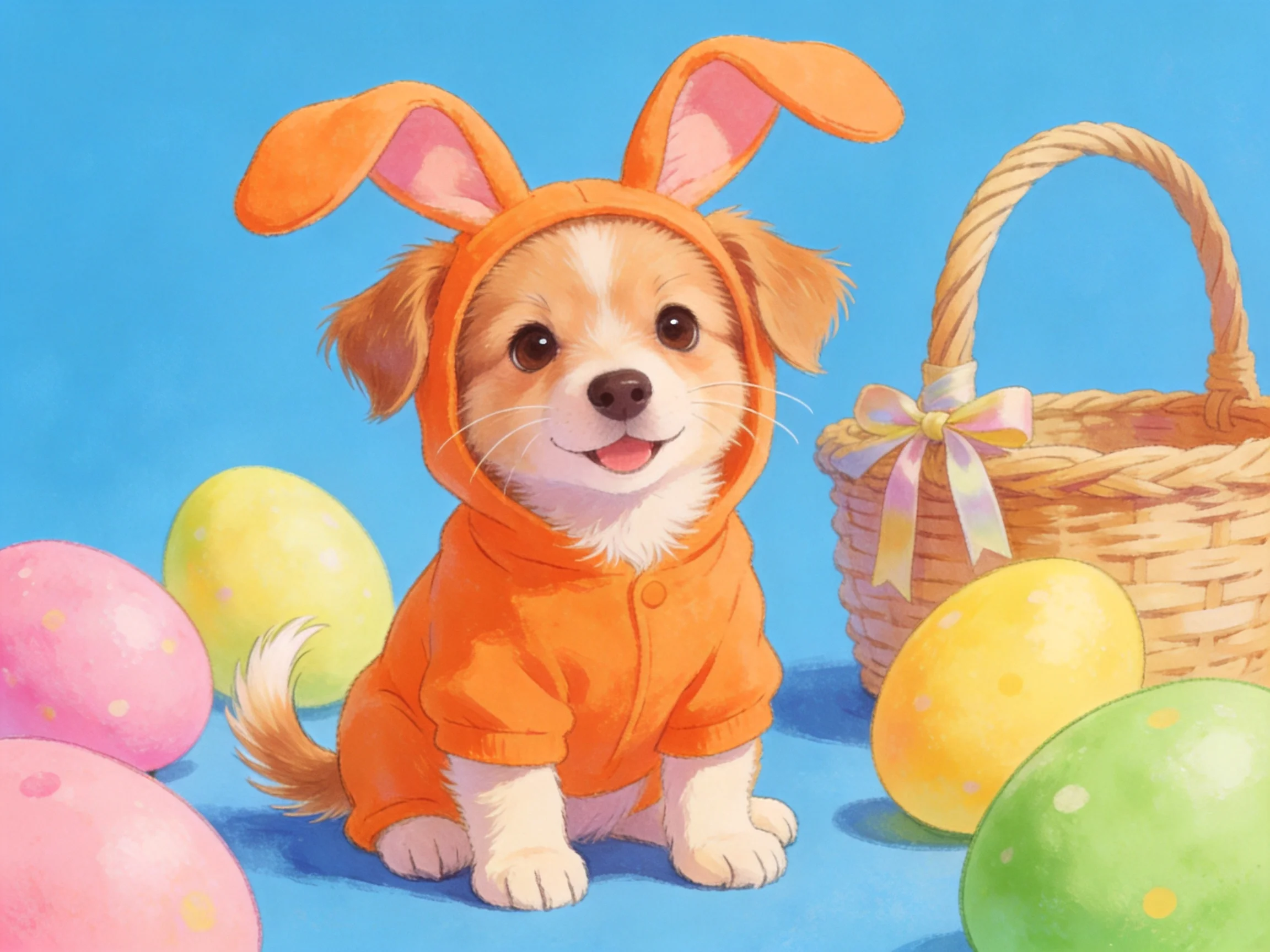 A cheerful puppy in an orange bunny hoodie near colorful Easter eggs
