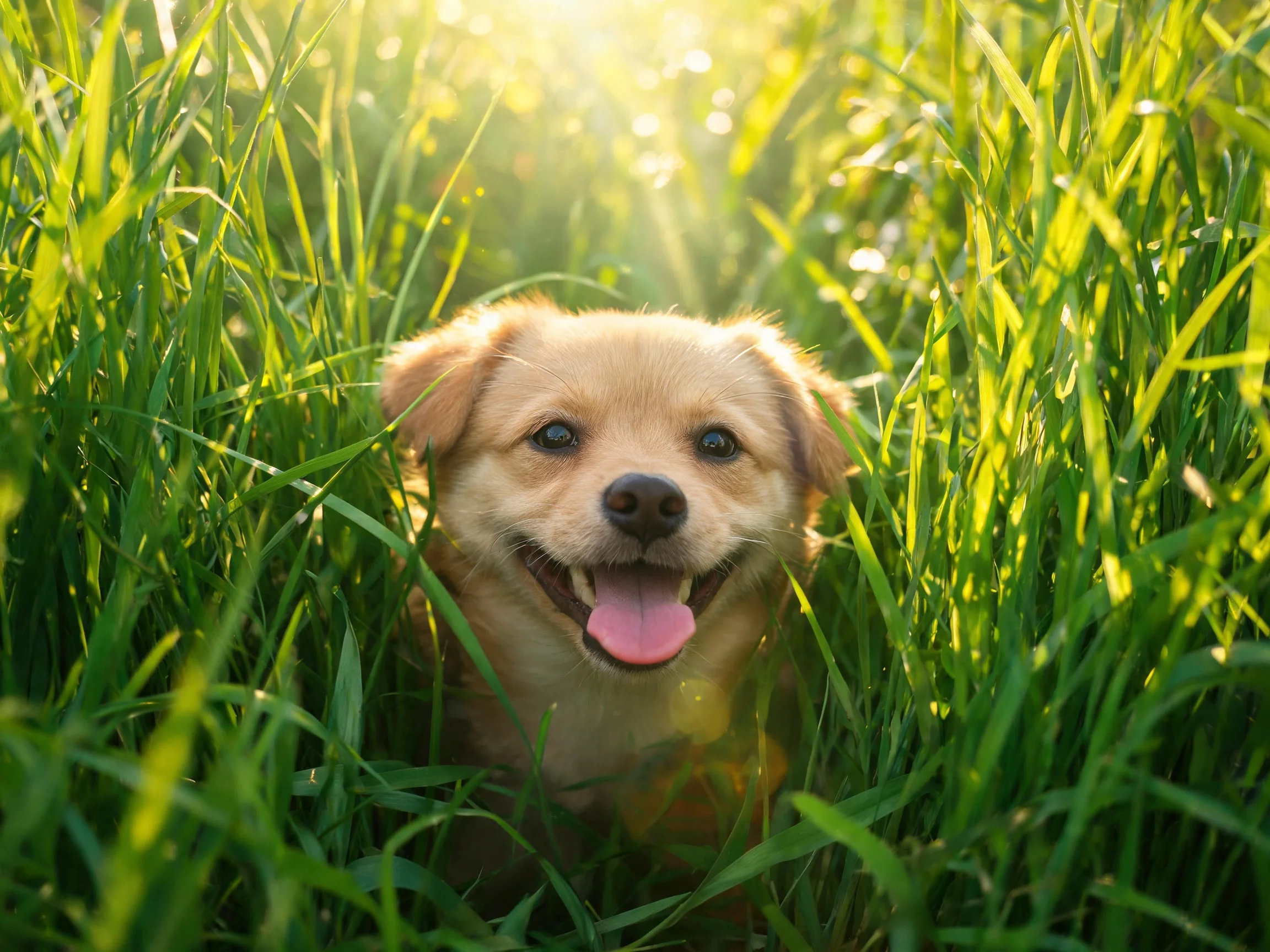 A happy puppy peeks from tall green grass in a sunlit field.