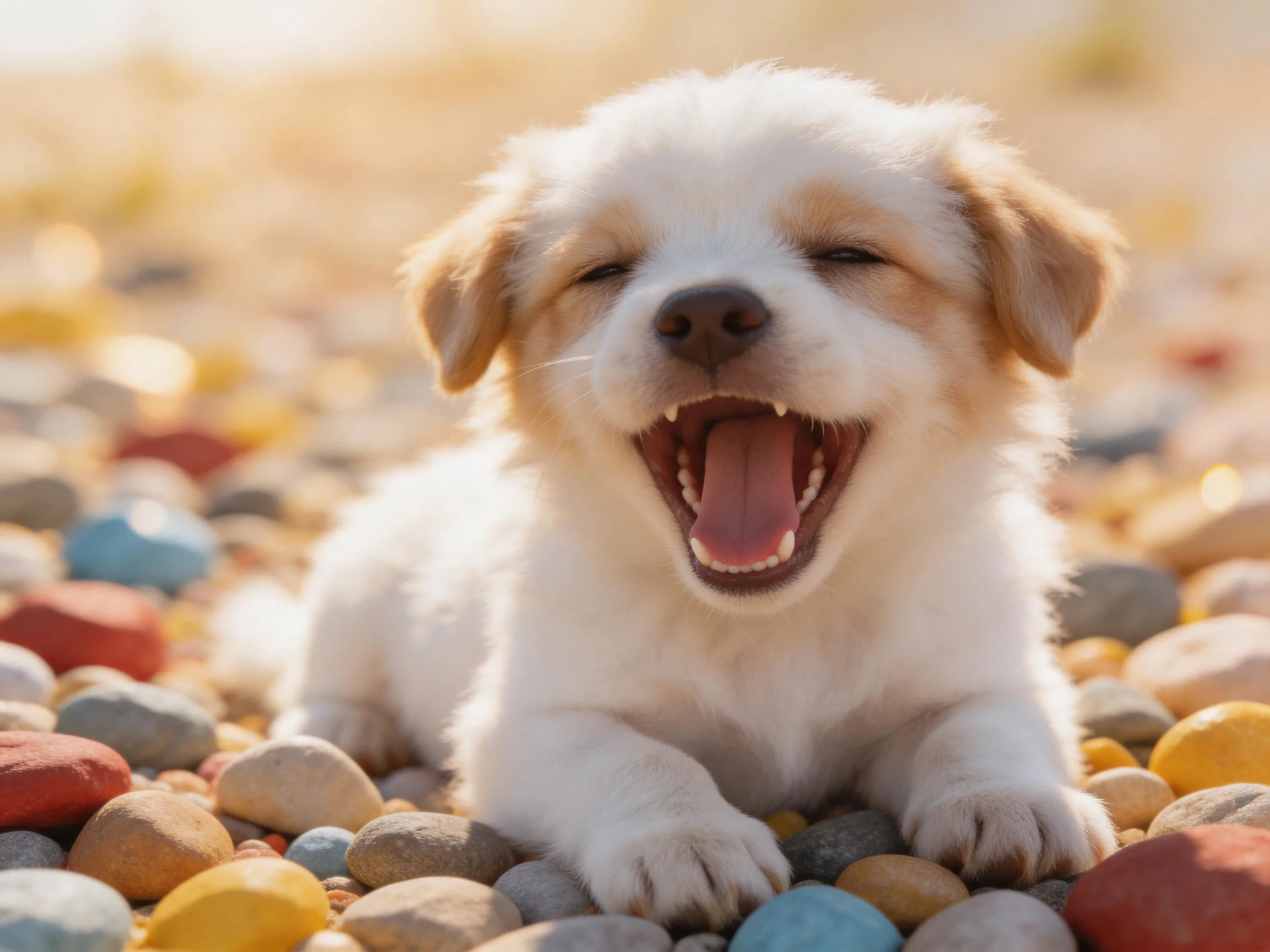 A cheerful puppy resting on colorful pebbles outdoors