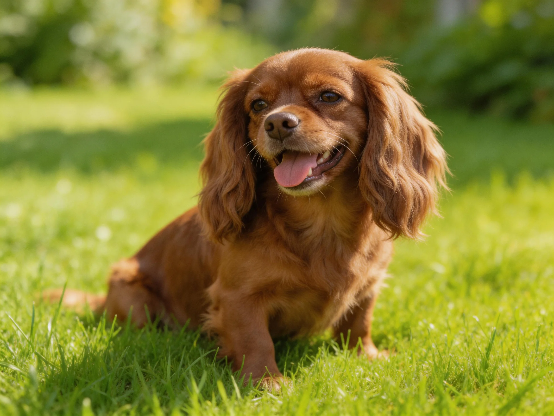 A reddish-brown dog sits happily on green grass outdoors