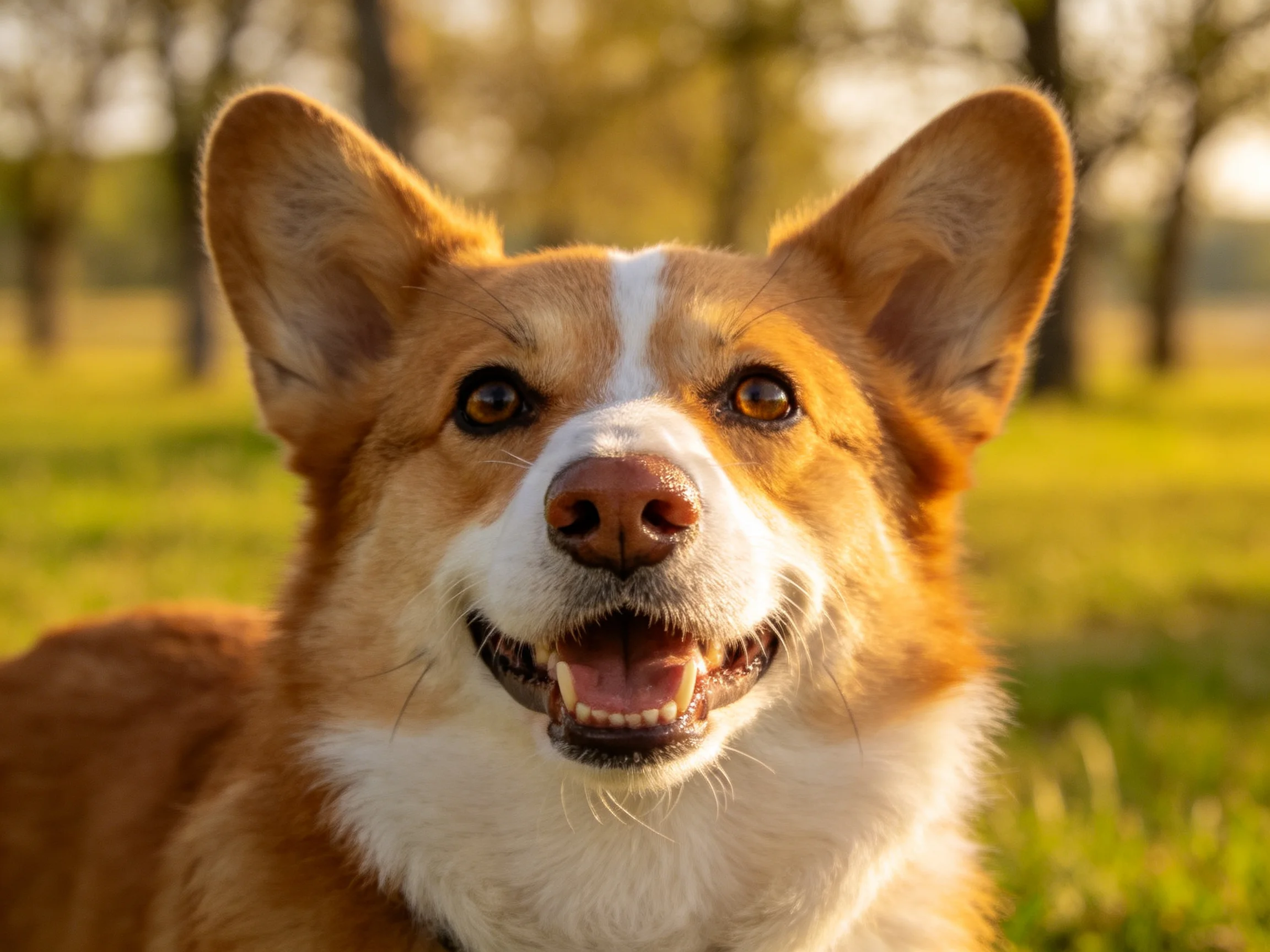 A tan and white corgi smiles happily in a sunlit outdoor environment.