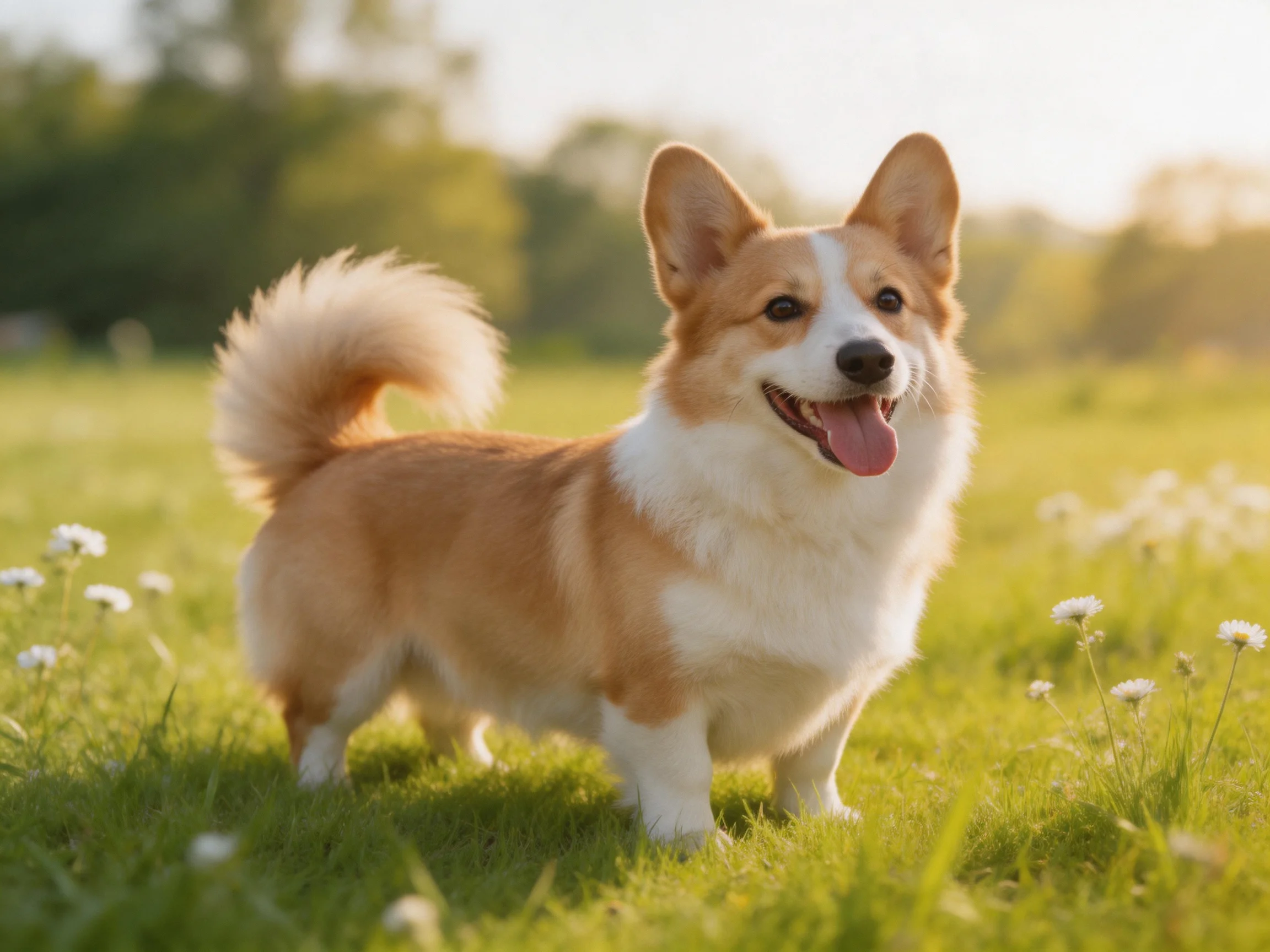 A cheerful tan and white corgi in a sunlit grassy meadow