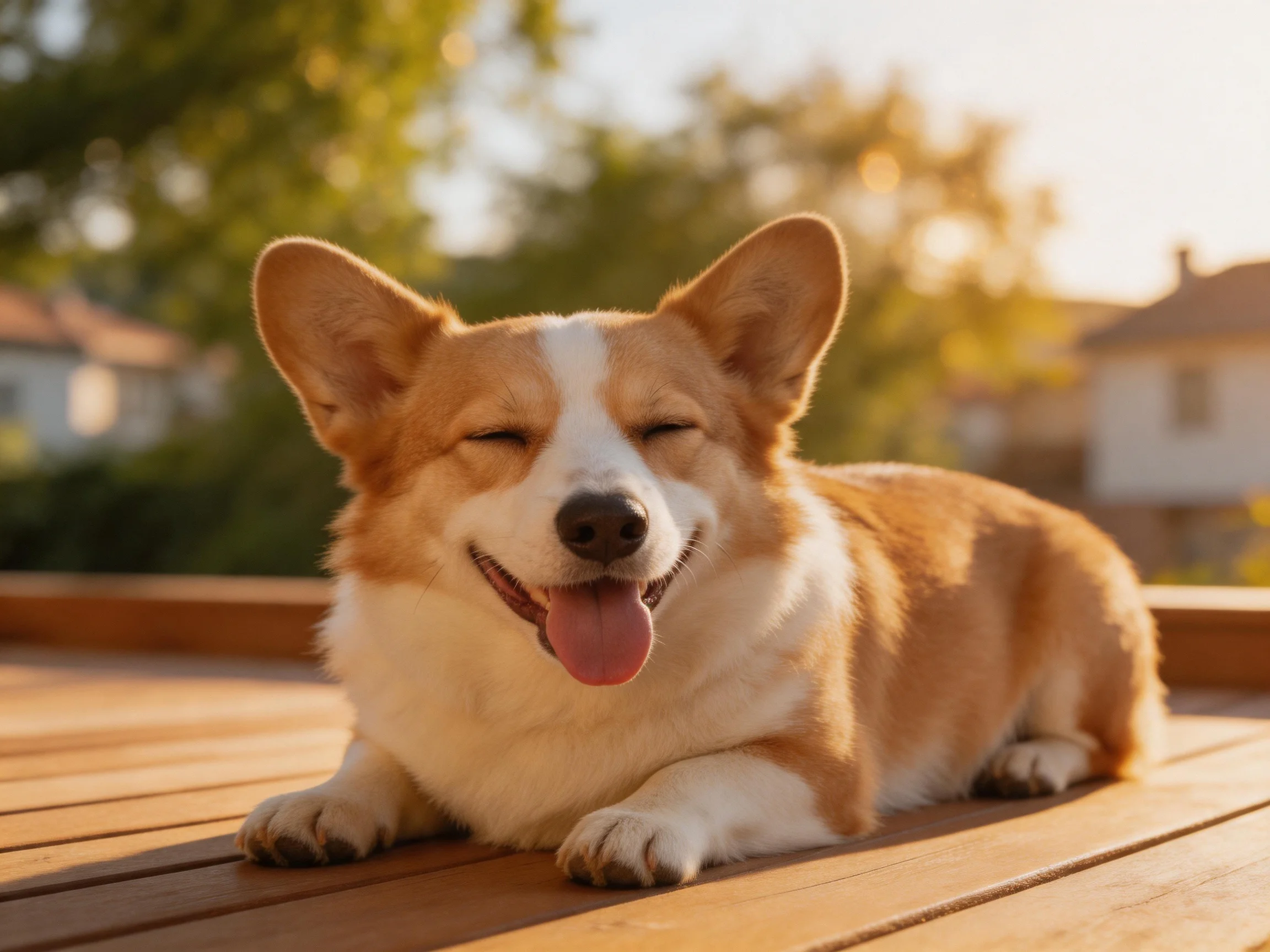 A happy corgi relaxes on an outdoor wooden deck.