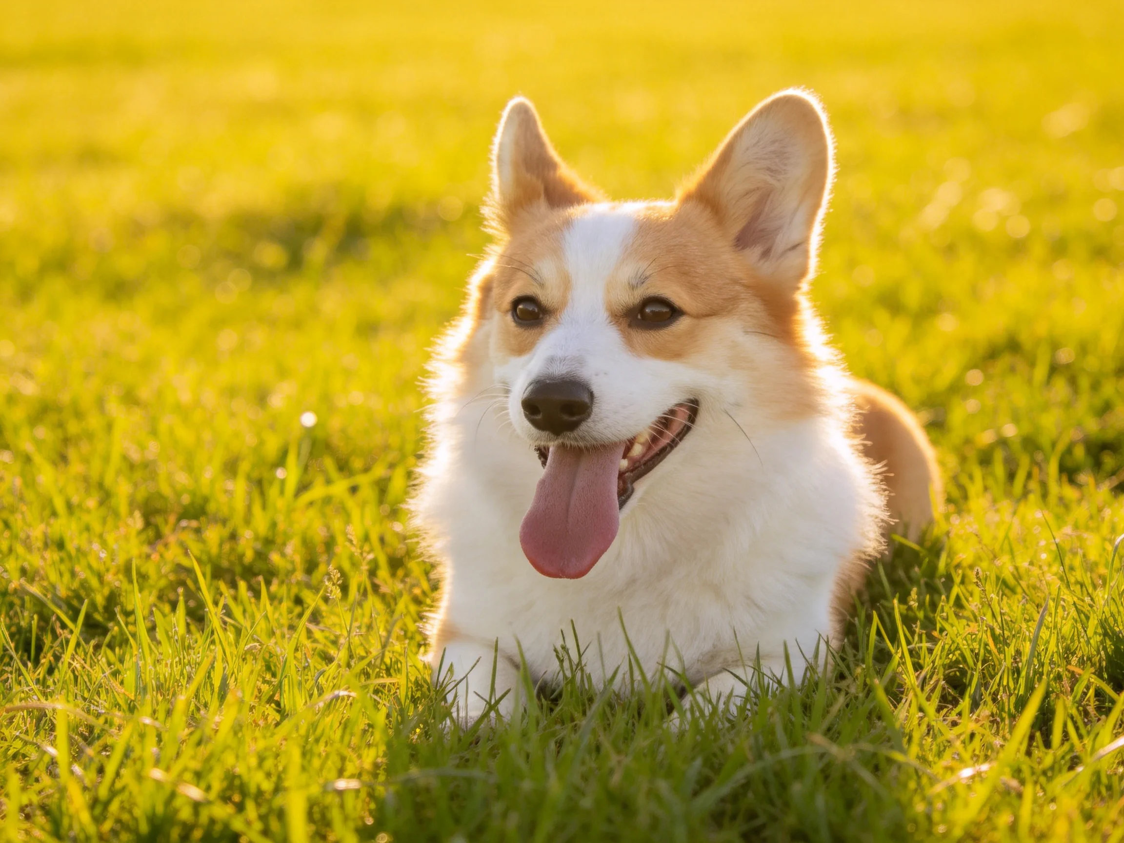 A cheerful tan-and-white corgi rests in vibrant green grass under golden sunlight