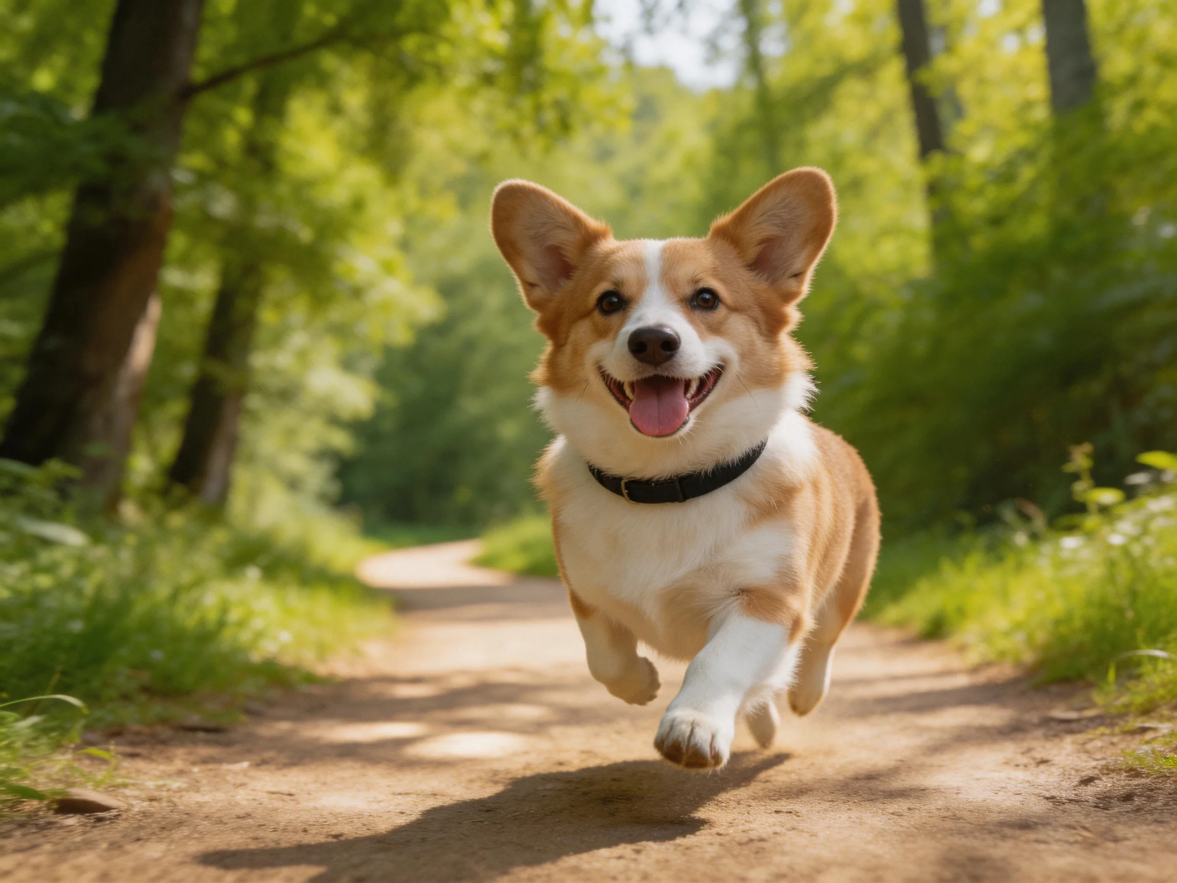 A cheerful tan and white corgi runs along a sunlit forest path