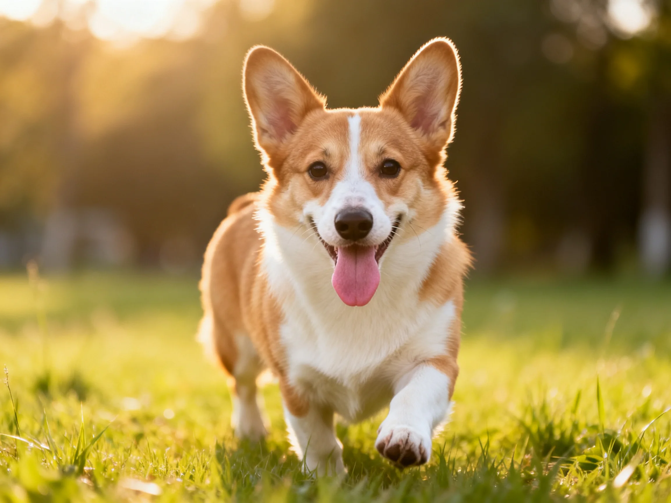 A tan-and-white corgi joyfully runs across sunlit grass