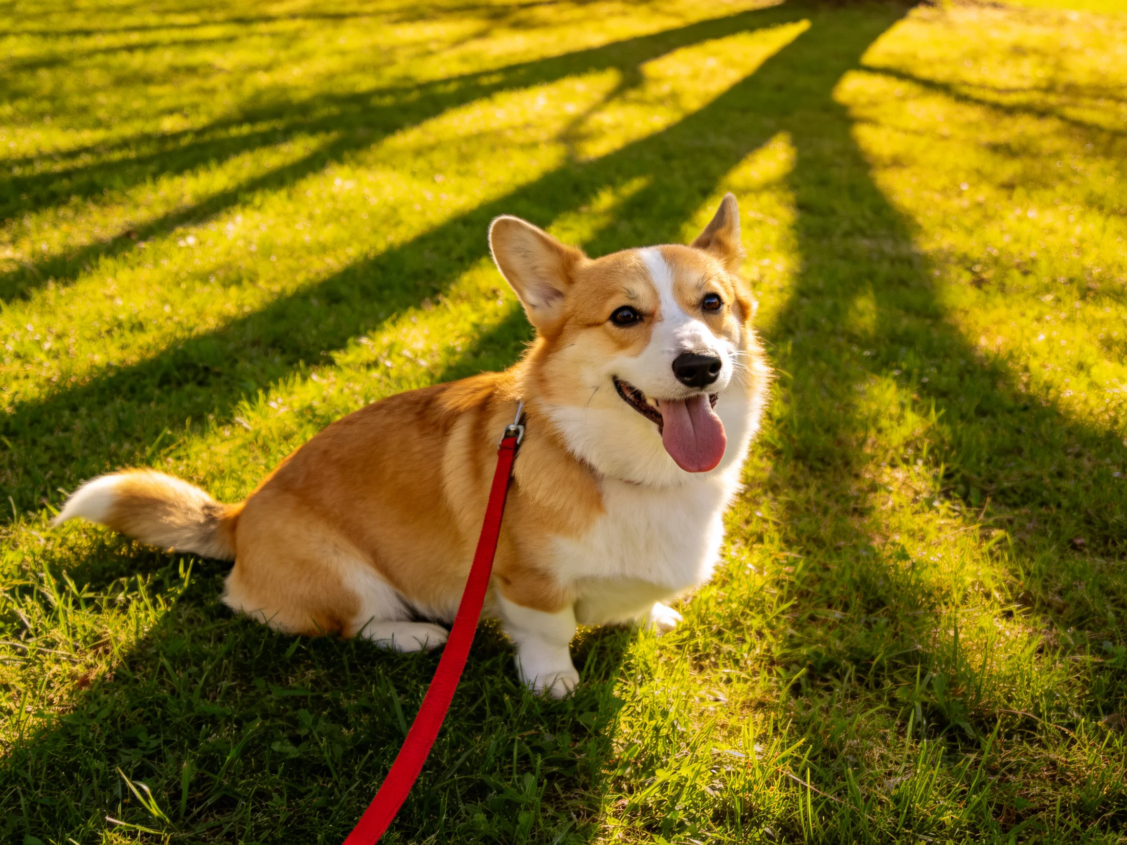 A cheerful tan and white corgi sits on lush green grass with a red leash