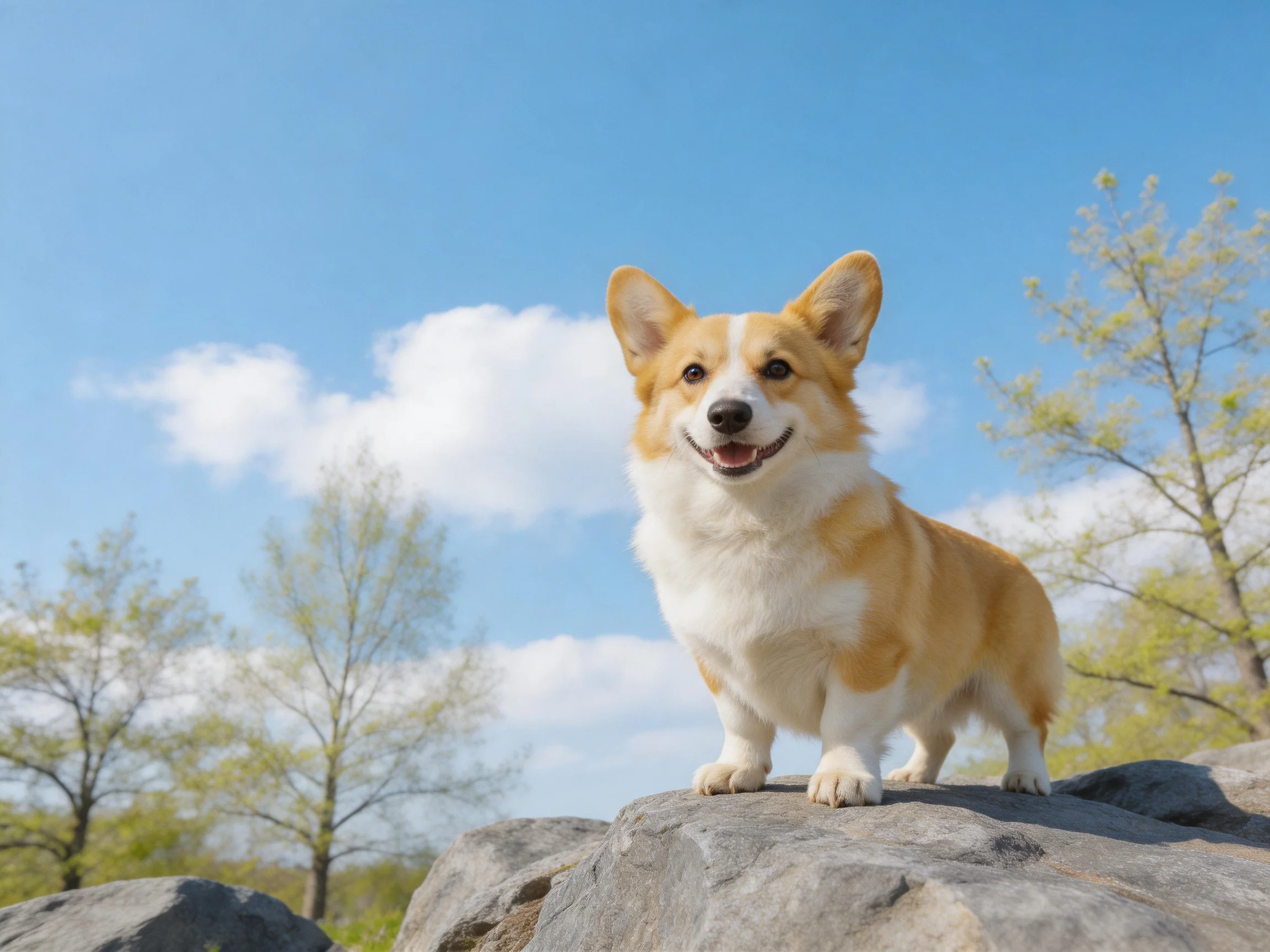 A cheerful tan and white corgi stands atop large gray rocks