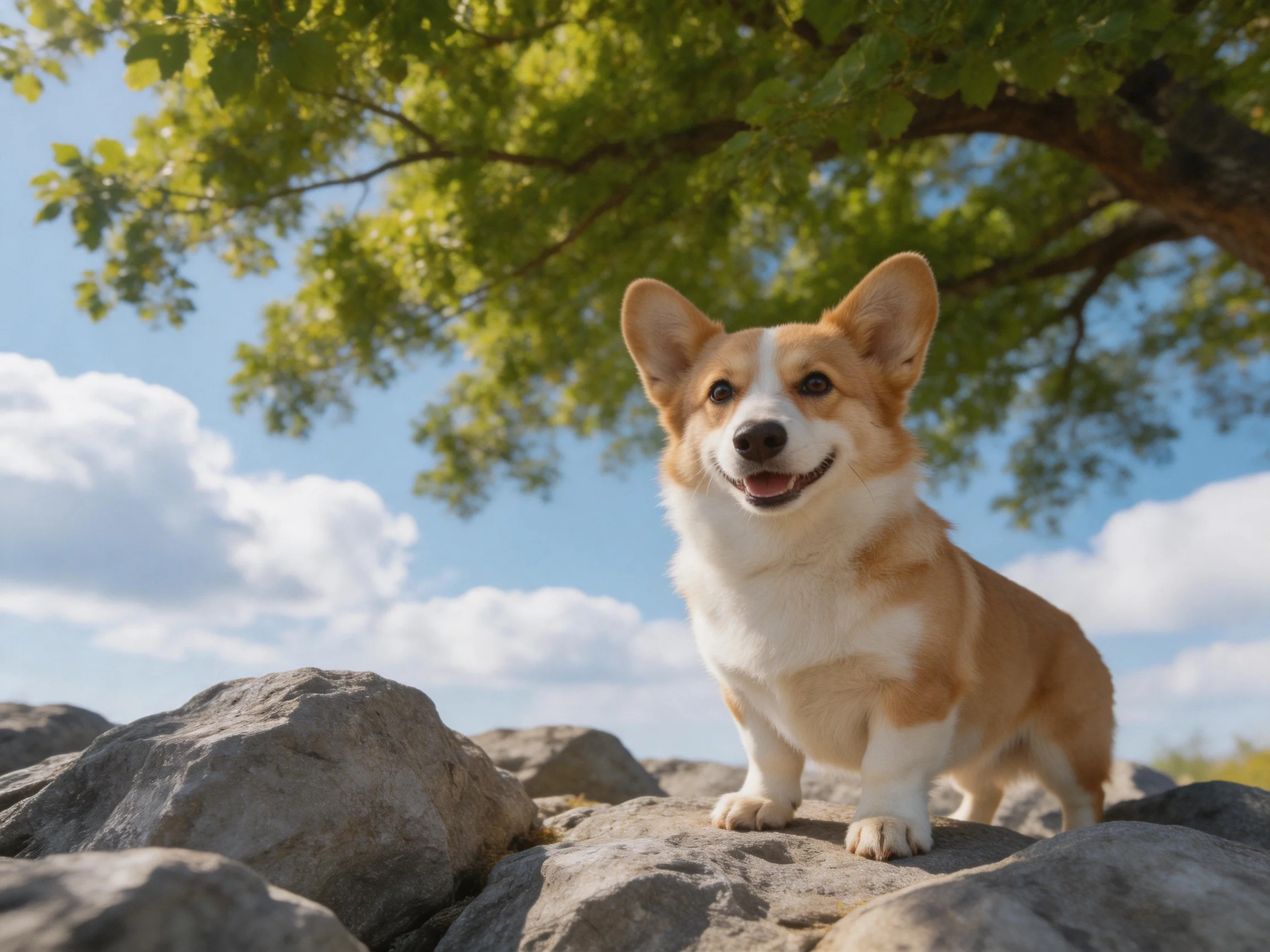 A cheerful tan-and-white corgi stands on large gray rocks near leafy green trees