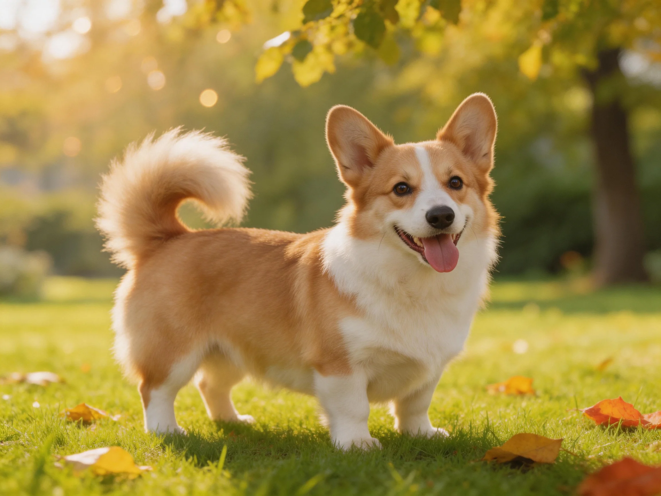 A cheerful corgi stands on grass with fallen leaves in a sunlit outdoor area.