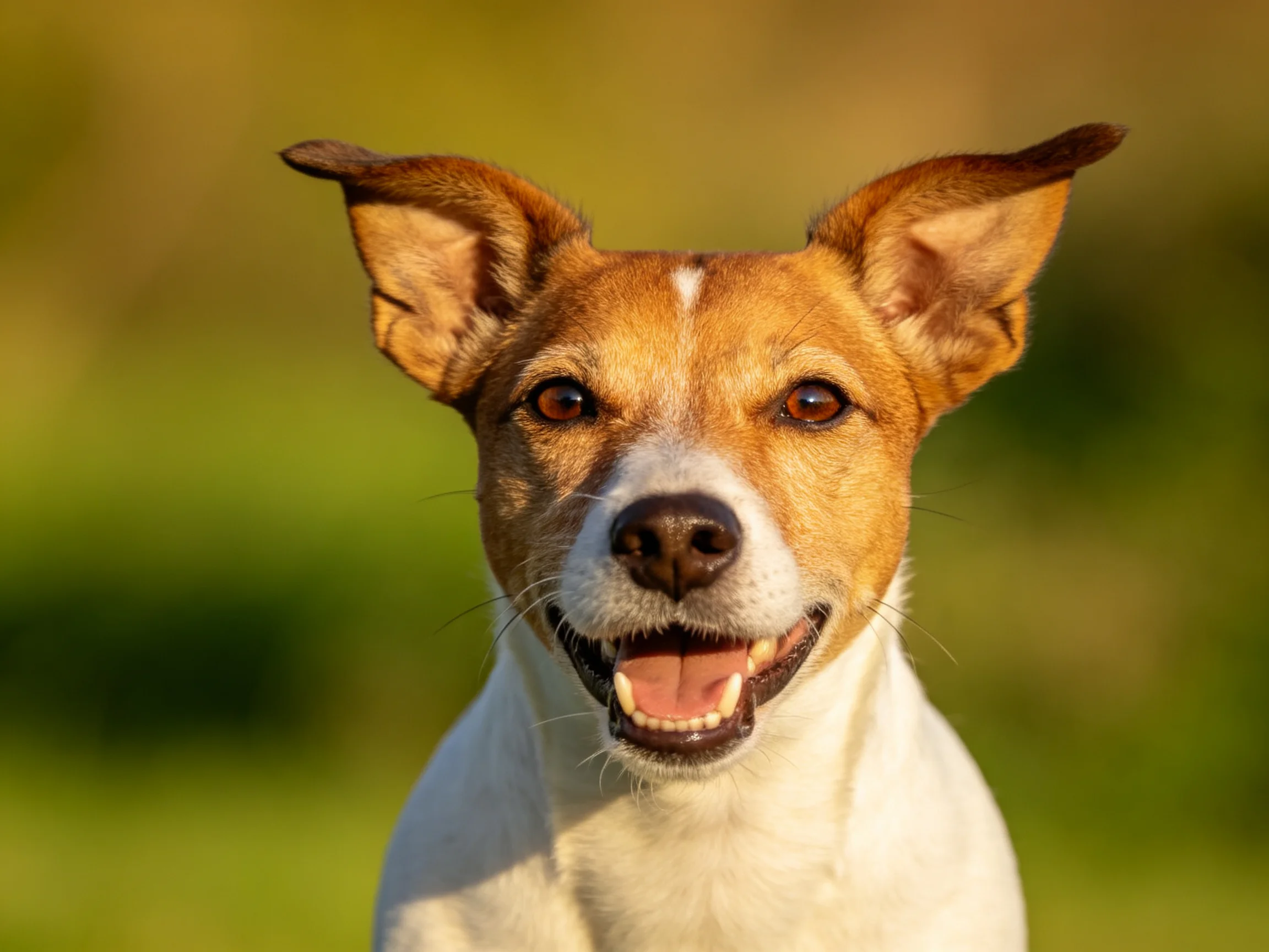 A tan-and-white dog smiles happily against a blurred green background.