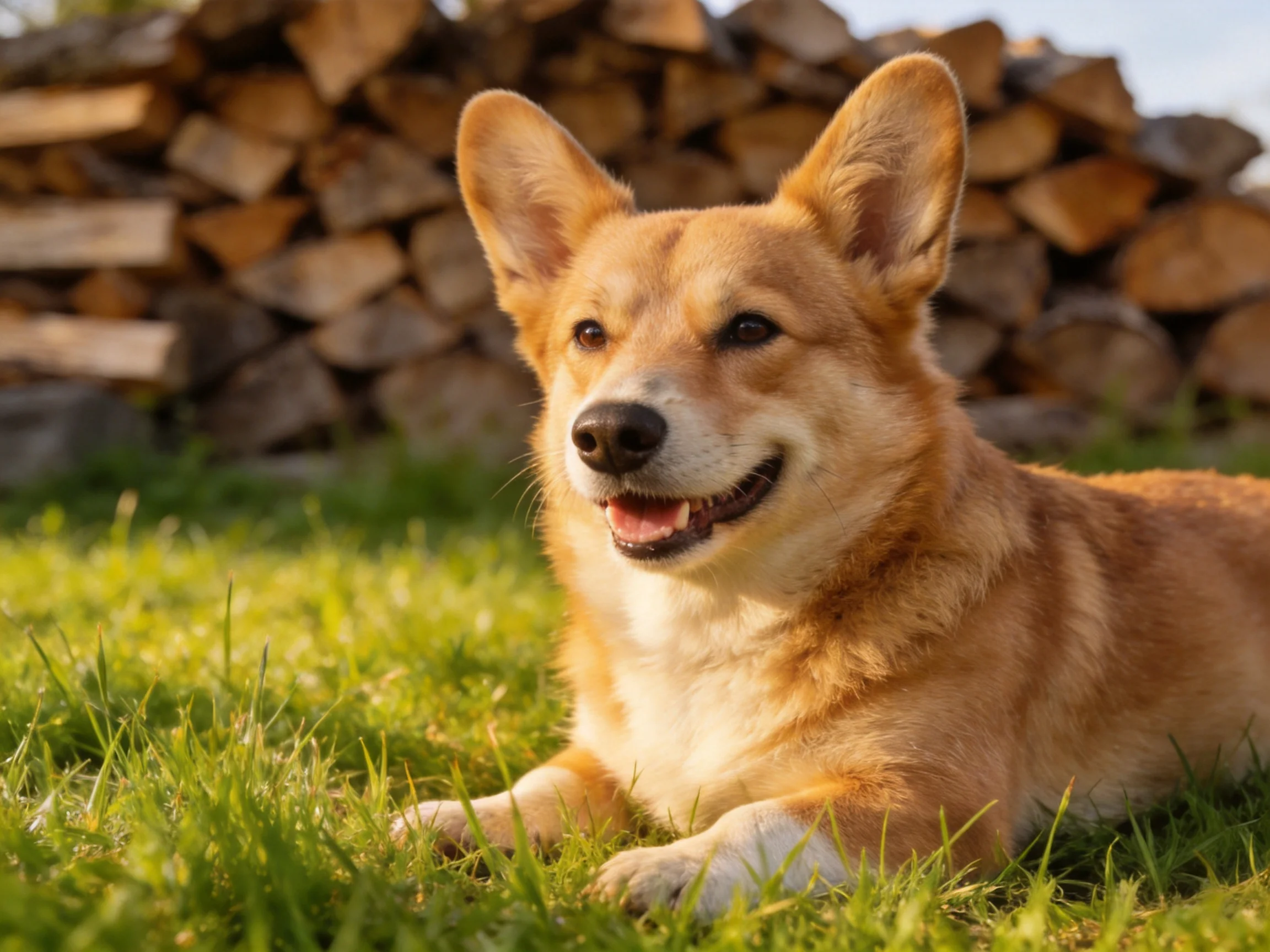 A tan corgi relaxes on green grass beside stacked firewood