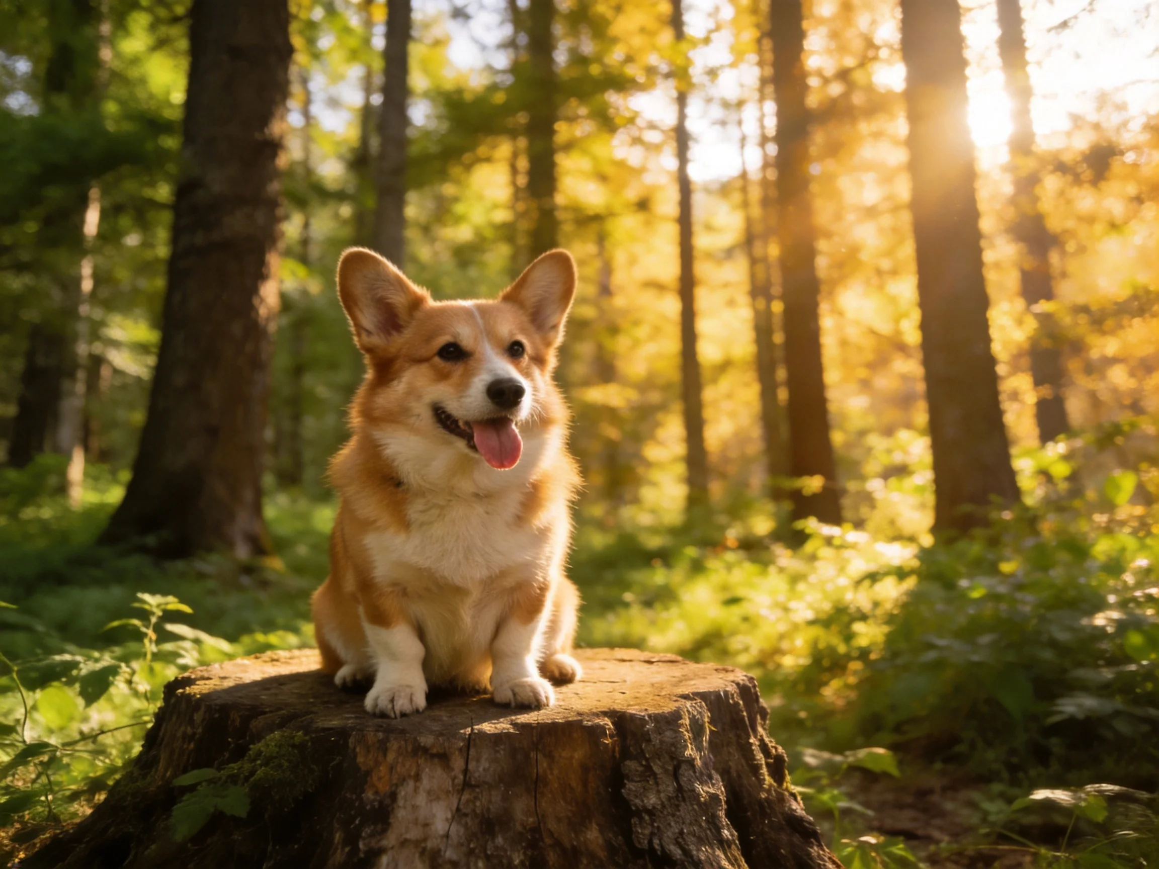 A cheerful tan corgi sits atop a weathered tree stump in a sun-drenched forest